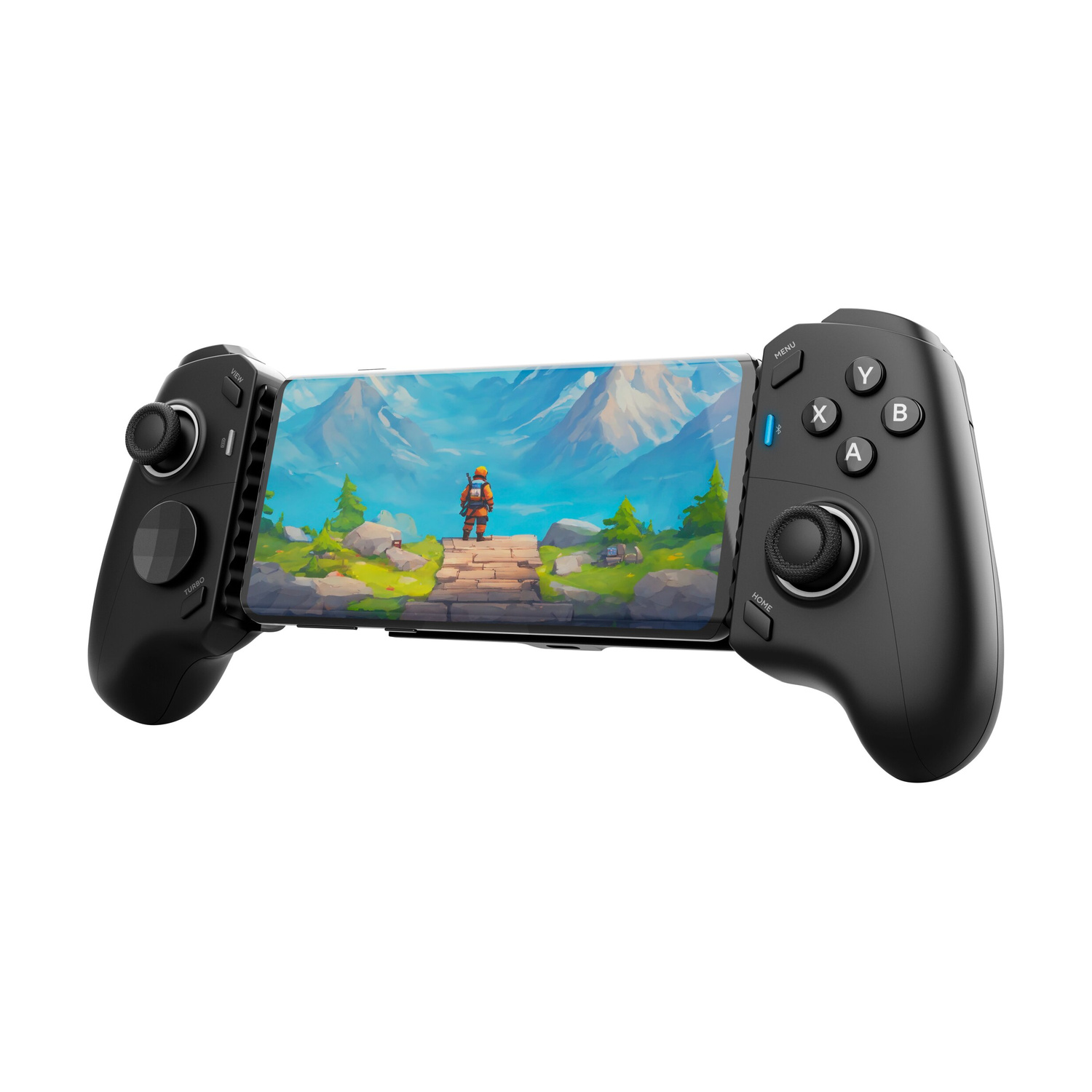 Controller di gioco mobile nero che tiene uno smartphone che mostra un gioco di paesaggio montano.