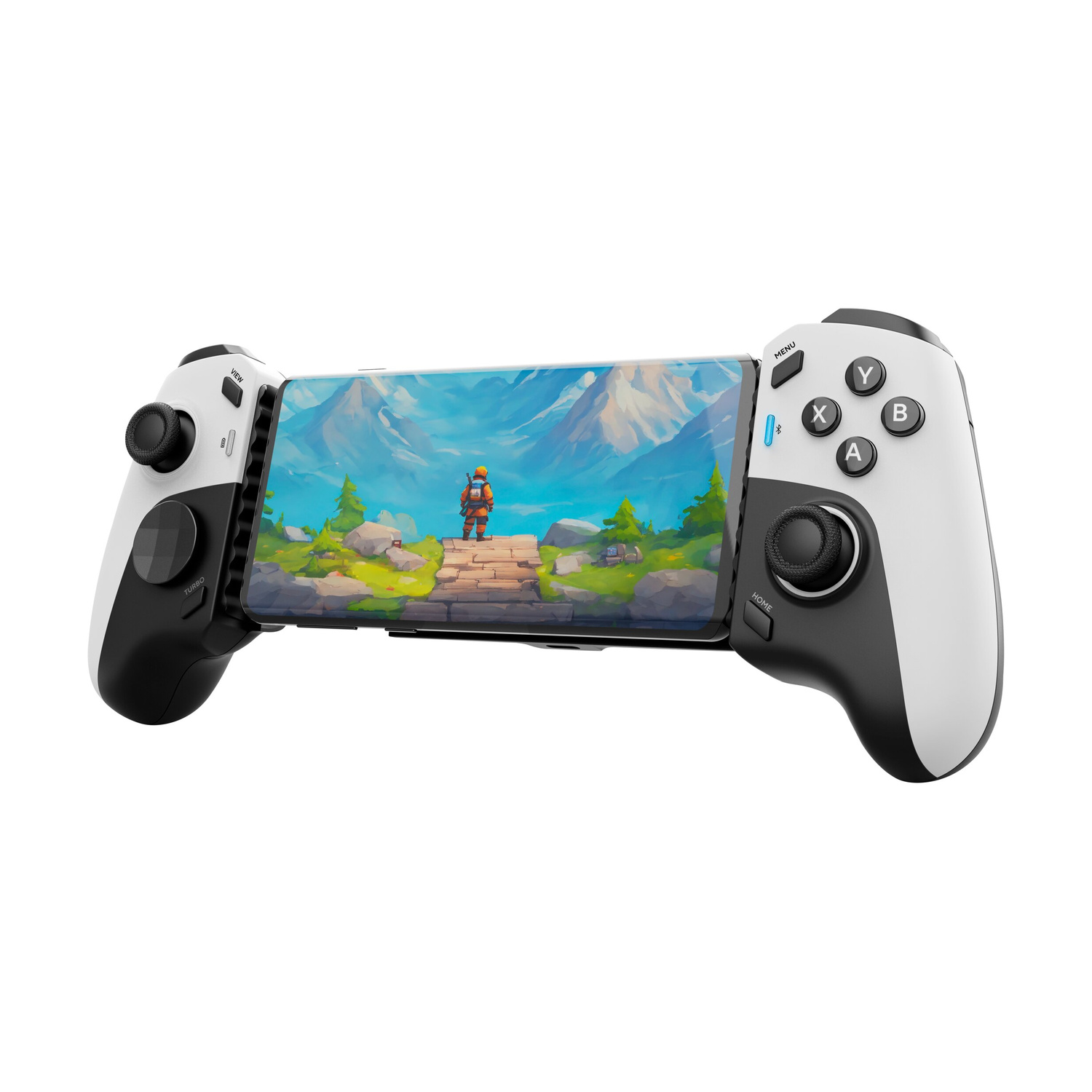Un controller di gioco bianco e nero per smartphone con schermo paesaggistico.