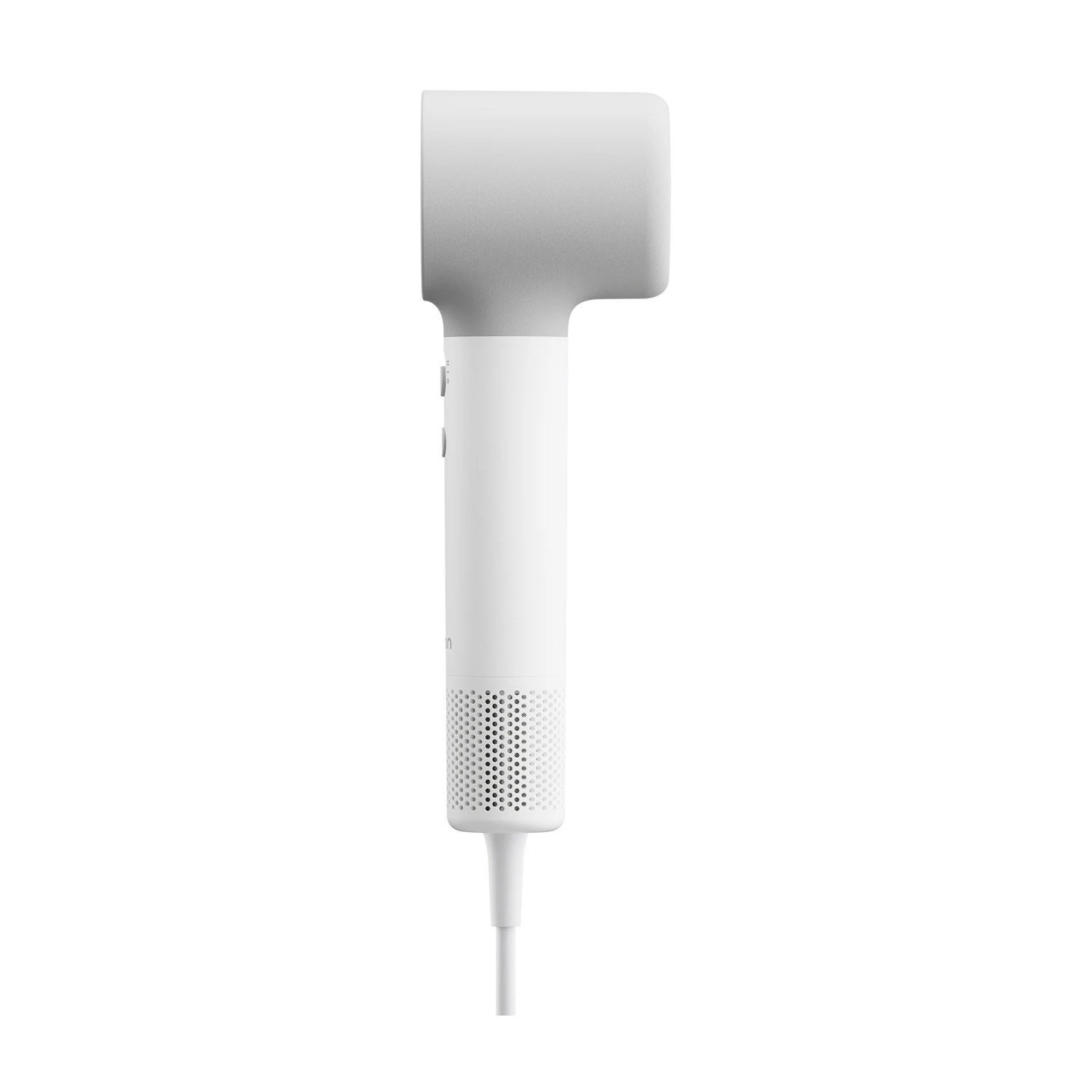 Moderno asciugacapelli bianco a forma di T su sfondo bianco.