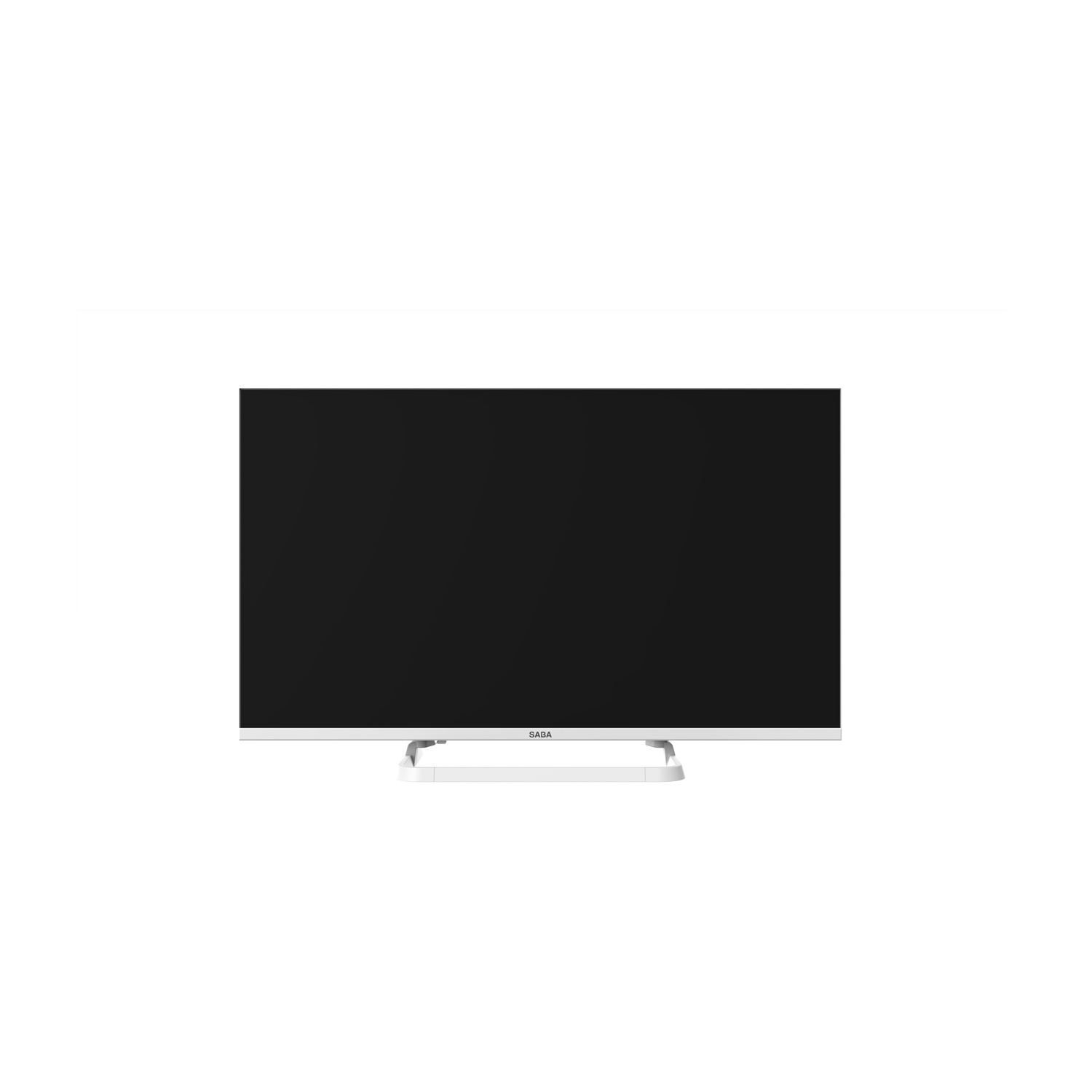 Una TV Saba bianca con schermo largo e supporto bianco su sfondo neutro.