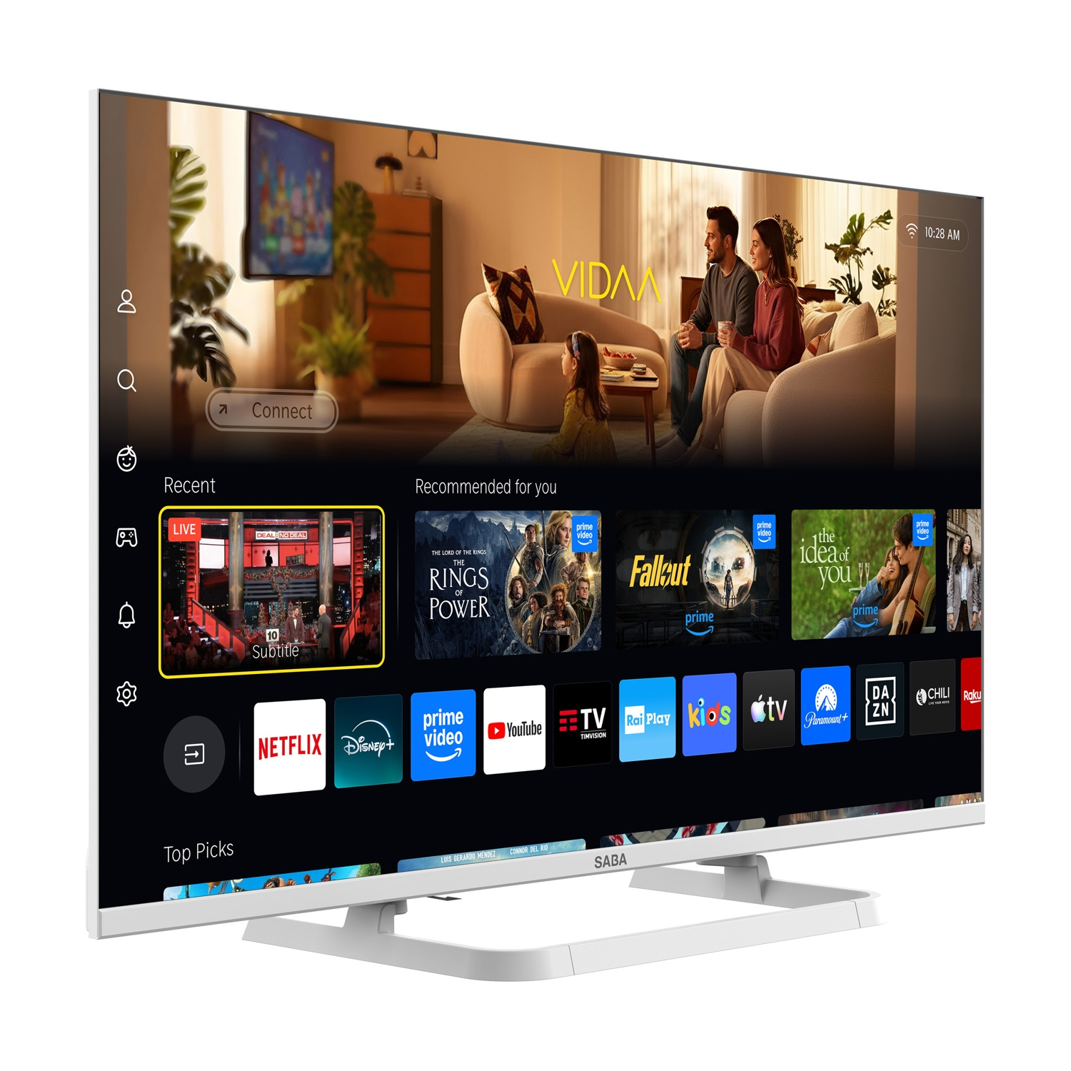 Una smart TV Saba bianca mostra la schermata iniziale con servizi di streaming e consigli.