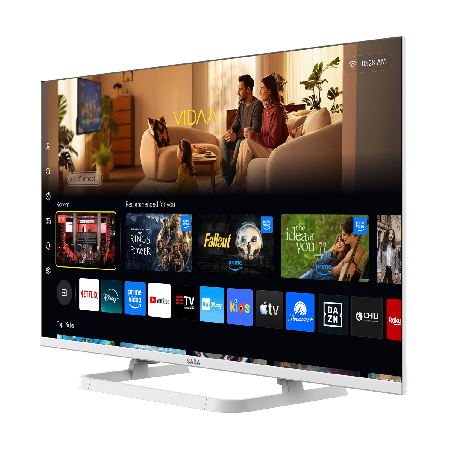Una smart TV SABA bianca mostra un menu multimediale con icone di app e contenuti consigliati sullo sfondo.