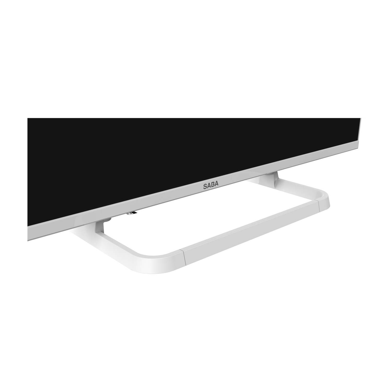 Un televisore Saba bianco con supporto curvo a U su sfondo bianco.