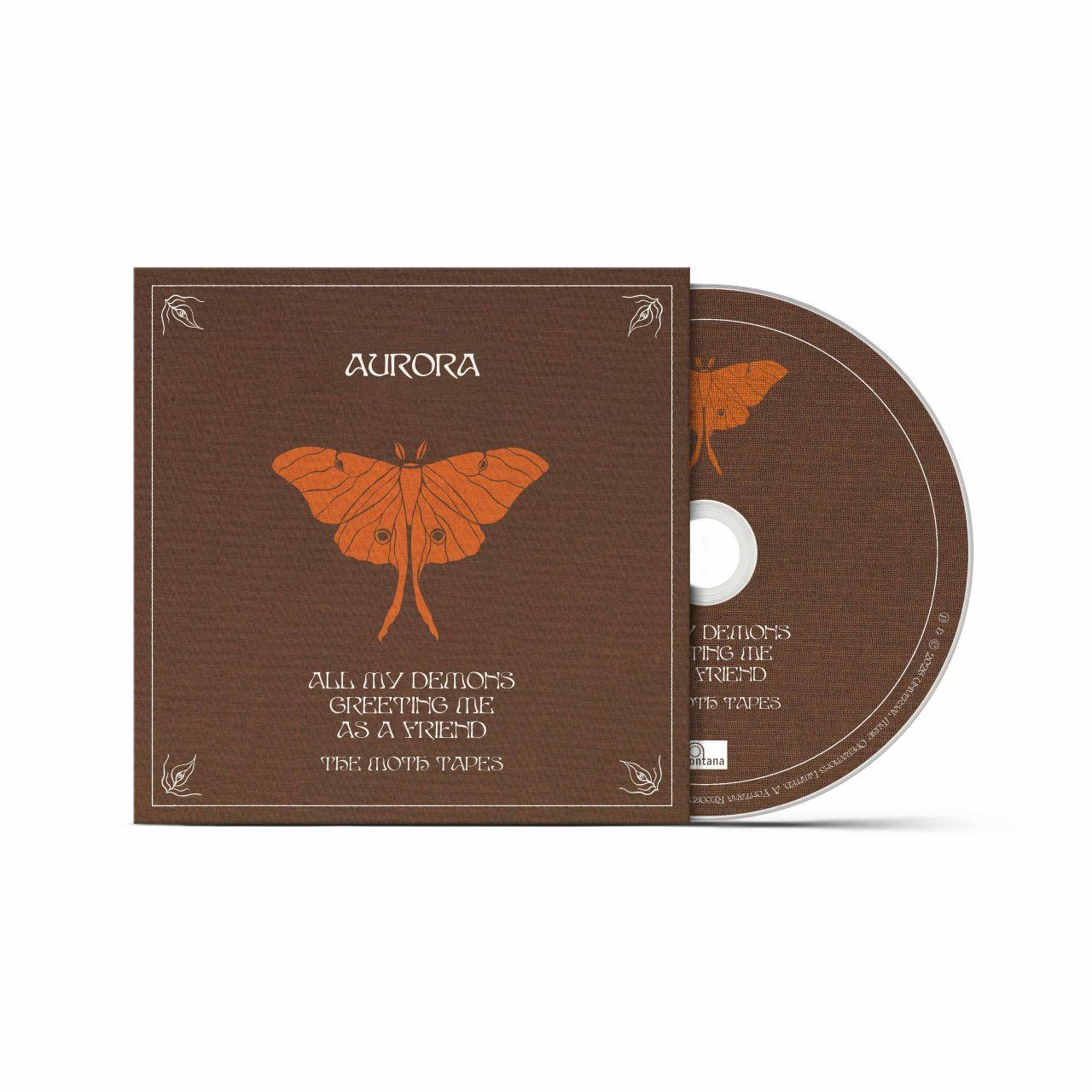 Braunes CD-Albumcover und Disc mit orangefarbenem Motten-Motiv, weißem Text und Eckblättern.