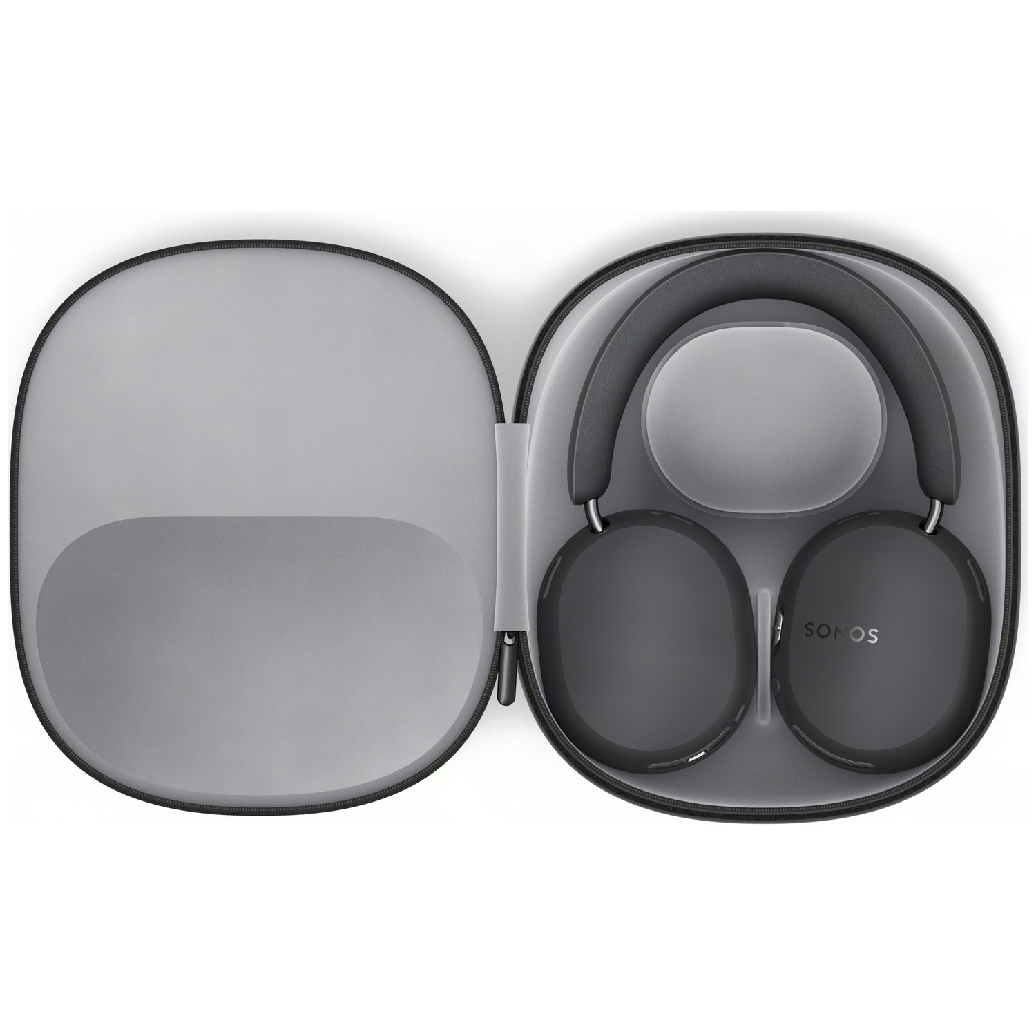 Grijze Sonos over-ear hoofdtelefoon netjes verpakt in een open, ronde grijze etui.