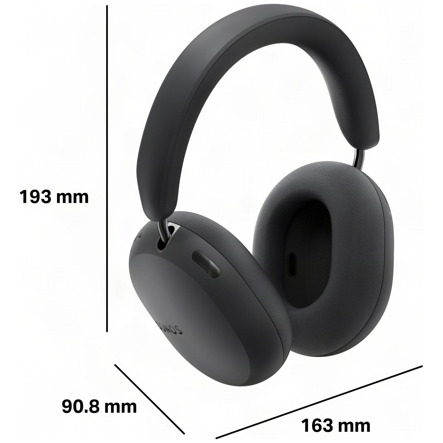 Zwarte over-ear koptelefoon met afmetingen van 193 mm hoog, 90,8 mm breed en 163 mm lang.