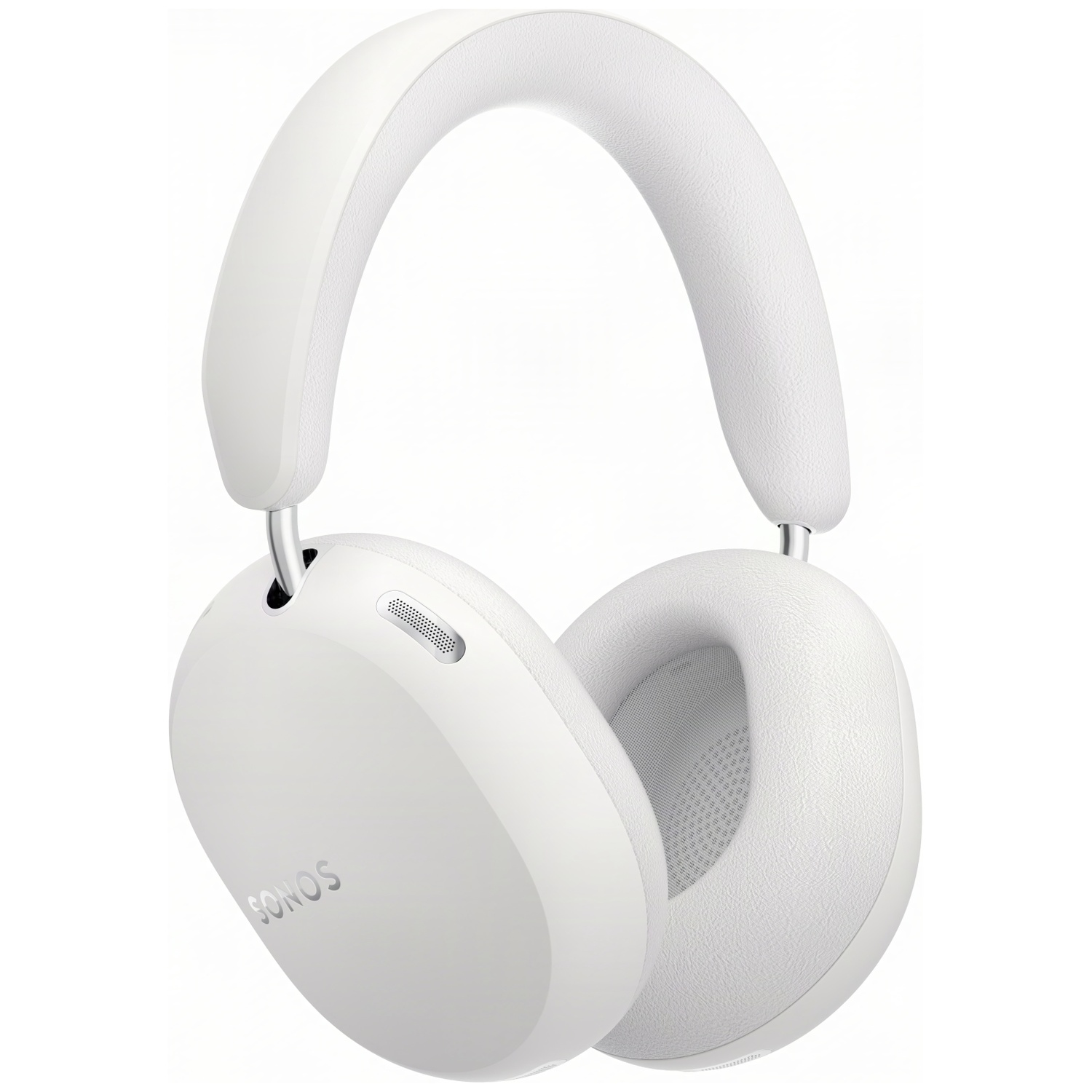 Witte on-ear Sonos-koptelefoon met gewatteerde hoofdband en oorkussens op een lichte achtergrond.