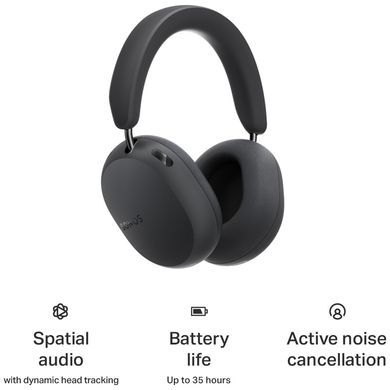 Zwarte over-ear hoofdtelefoon met spatial audio, lange batterijduur en actieve ruisonderdrukking.