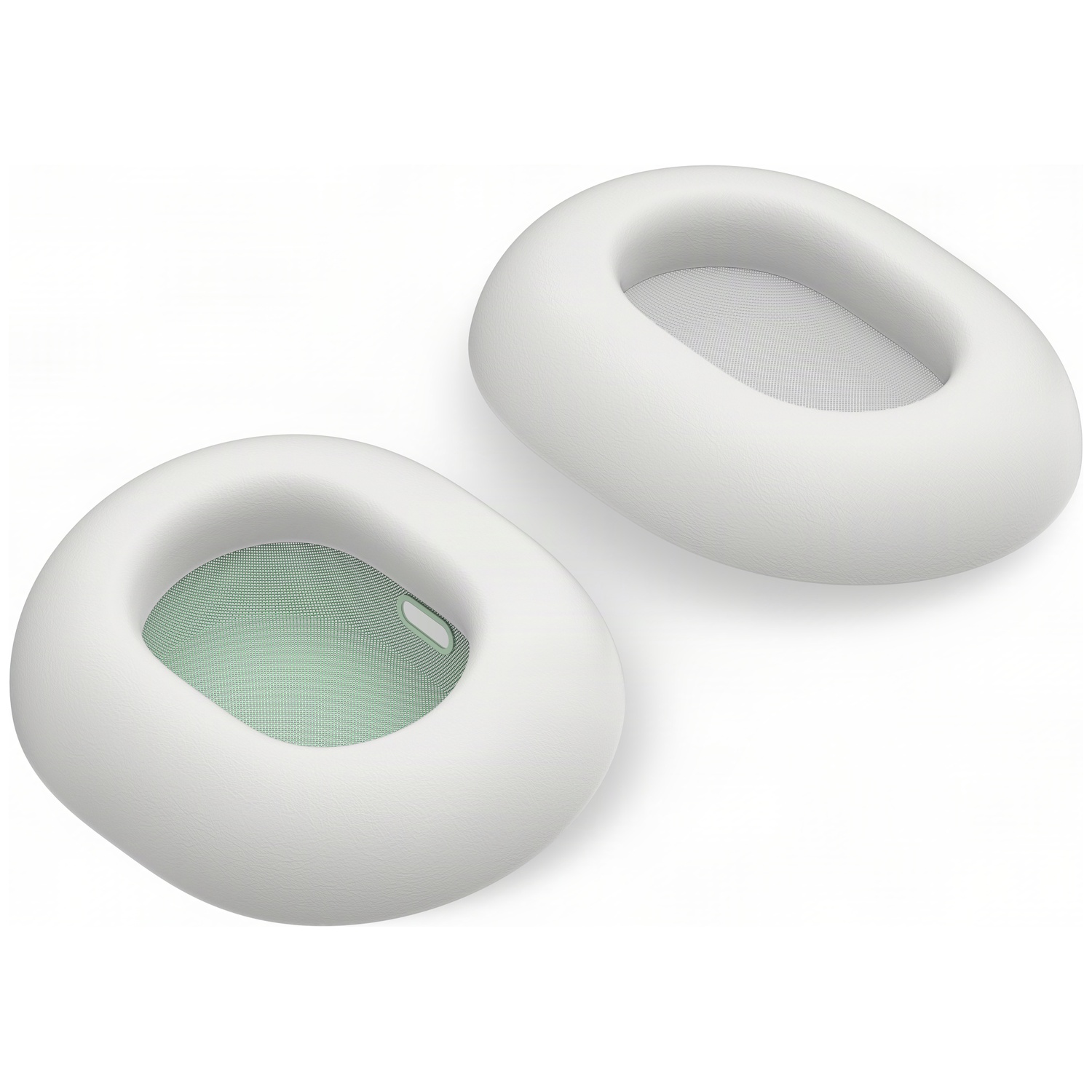 Twee ovale witte koptelefoonoorkussentjes op witte achtergrond, één met lichtgroen mesh.