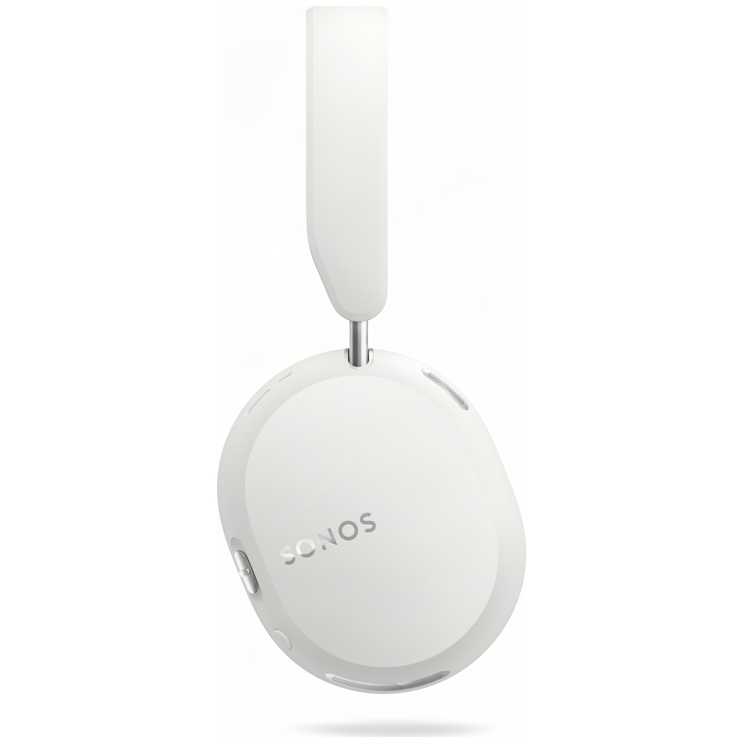 Witte draadloze Sonos-koptelefoon met oorschelp en zilveren Sonos-logo tegen een witte achtergrond.