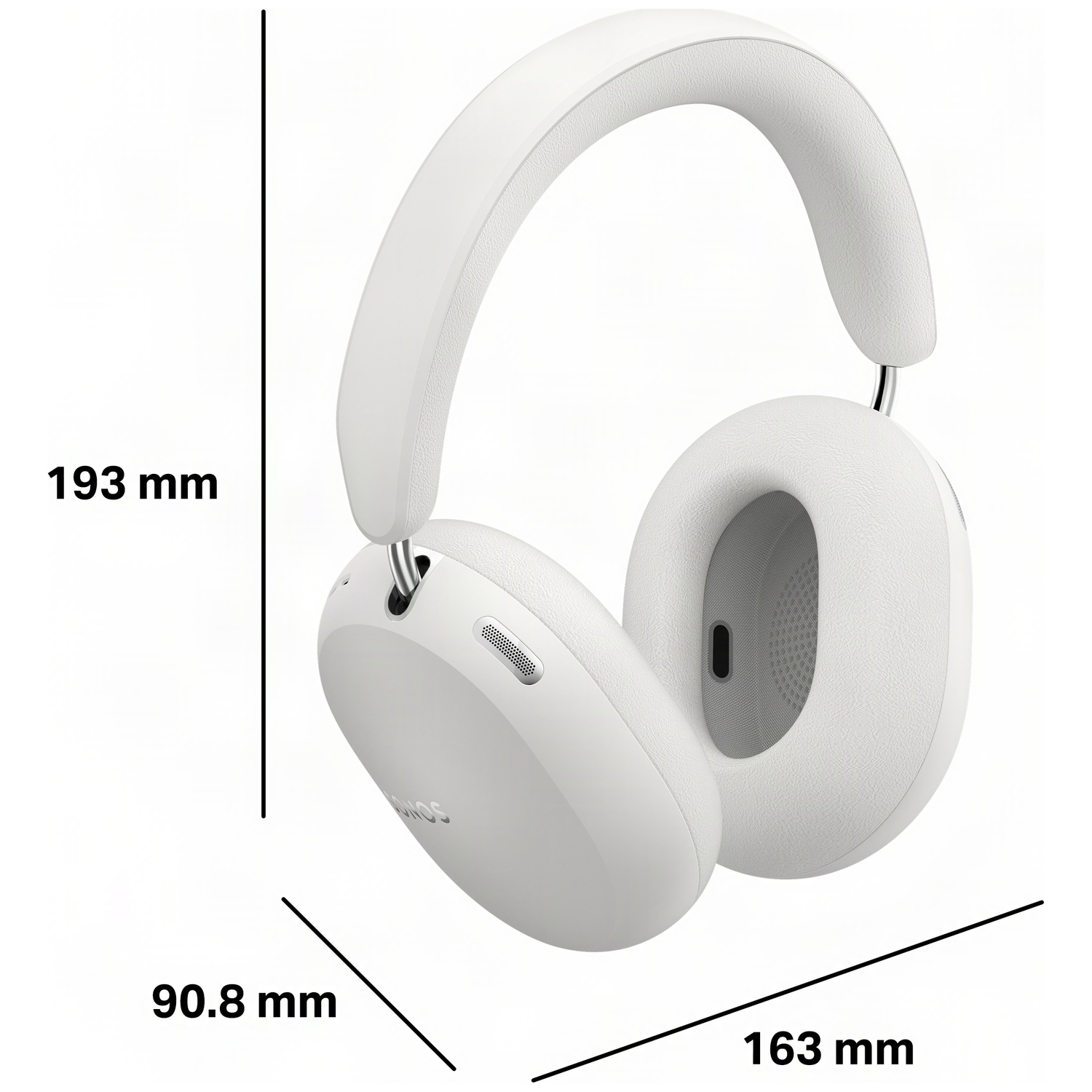 Witte over-ear koptelefoon met afmetingen van 193 mm, 90,8 mm en 163 mm op een witte achtergrond.