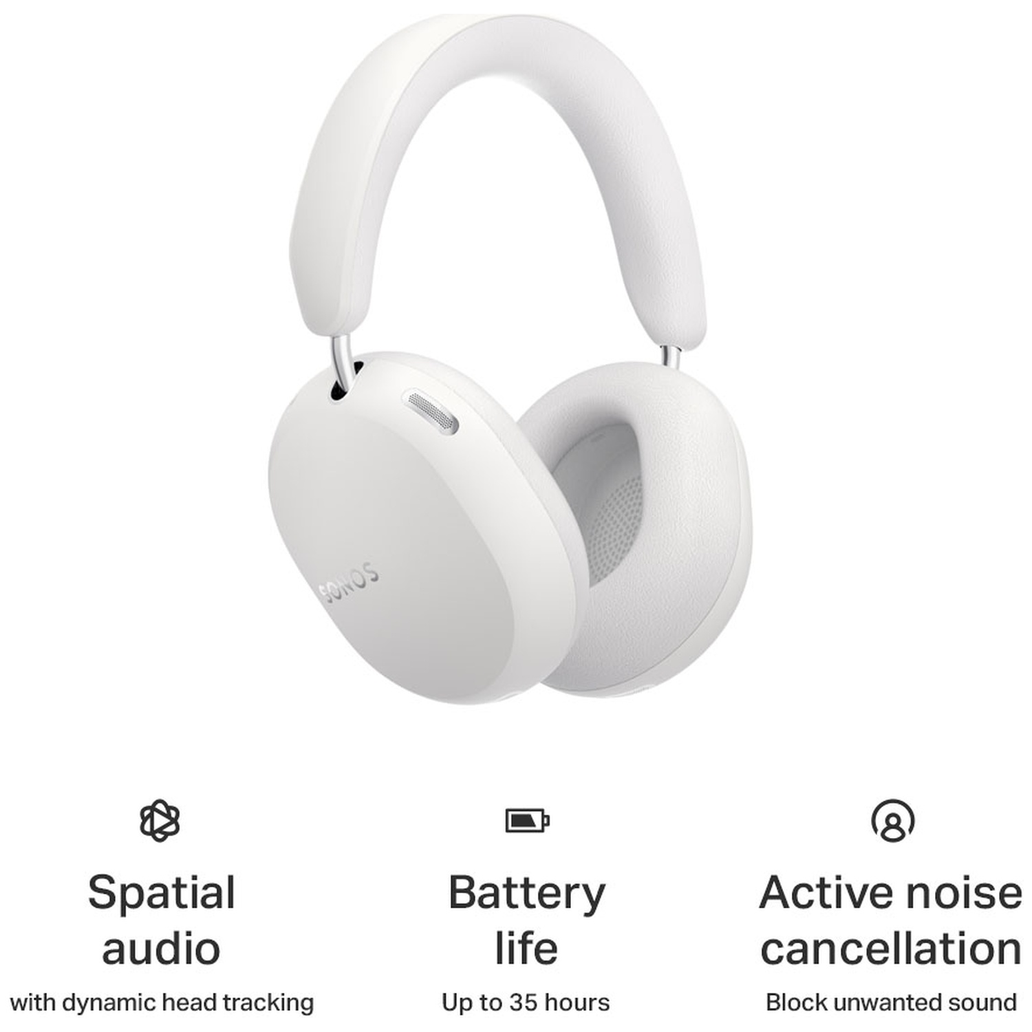 Witte Sonos-koptelefoon met pictogrammen en tekst voor ruimtelijke audio, batterijduur en ruisonderdrukking.