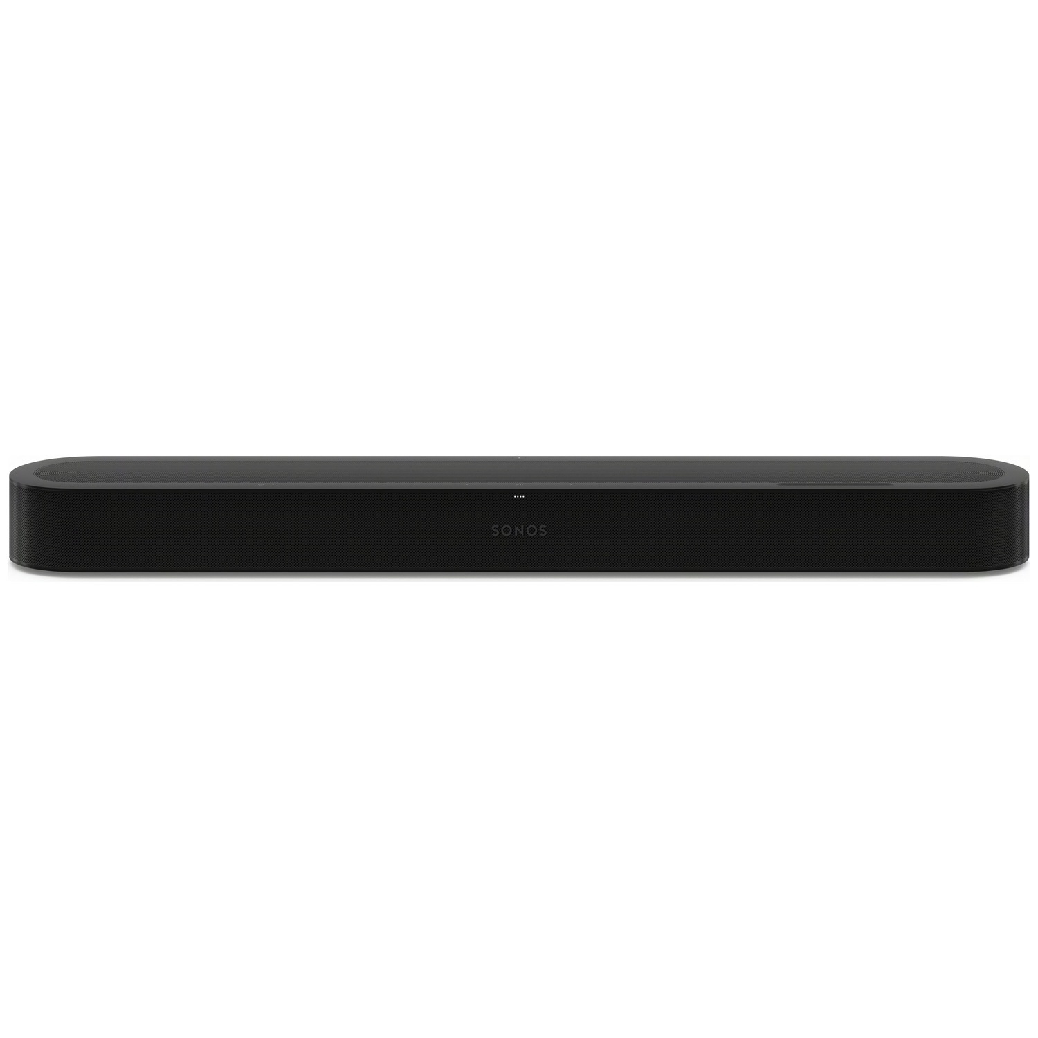 Une barre de son Sonos noire aux bords arrondis et au logo de la marque centré sur fond blanc.