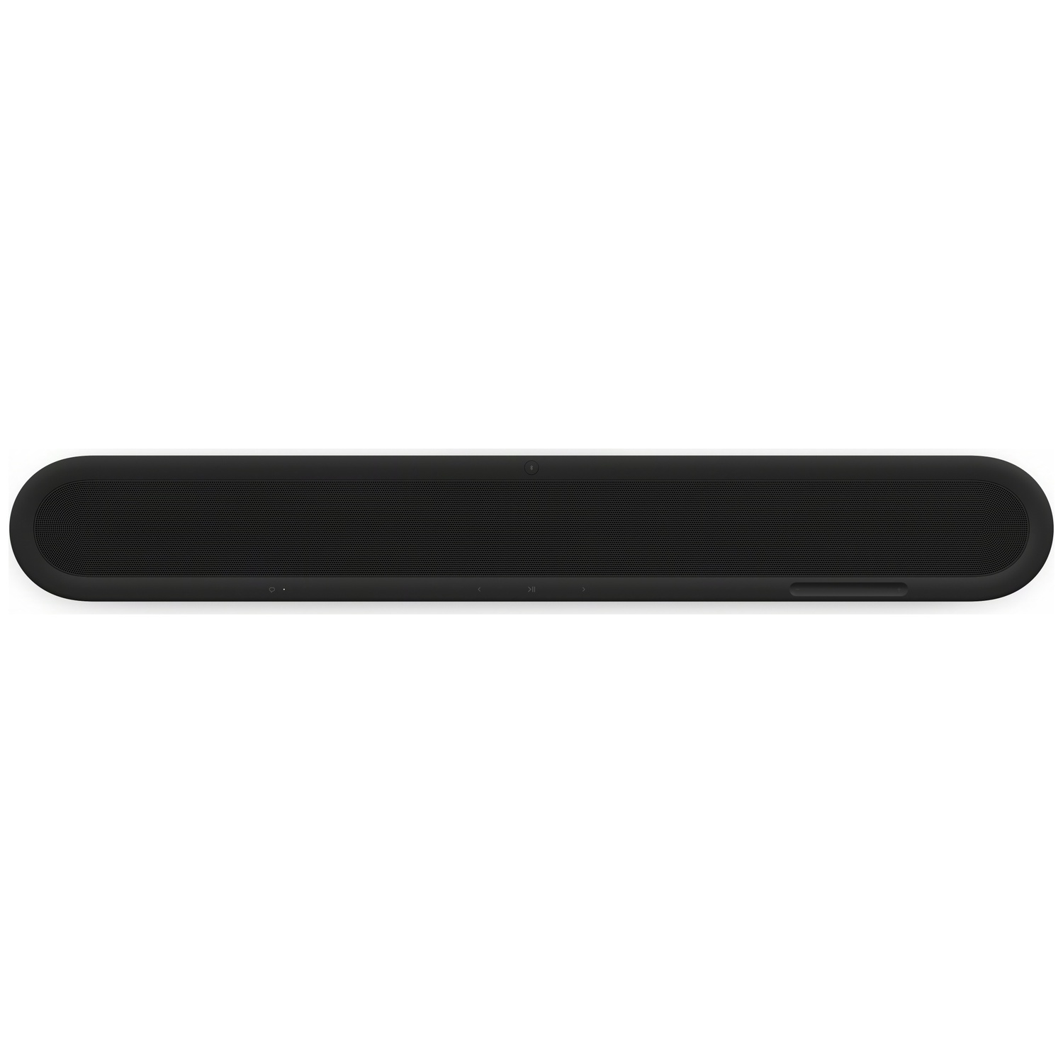 Une longue barre de son noire aux coins arrondis et boutons intégrés sur fond blanc.