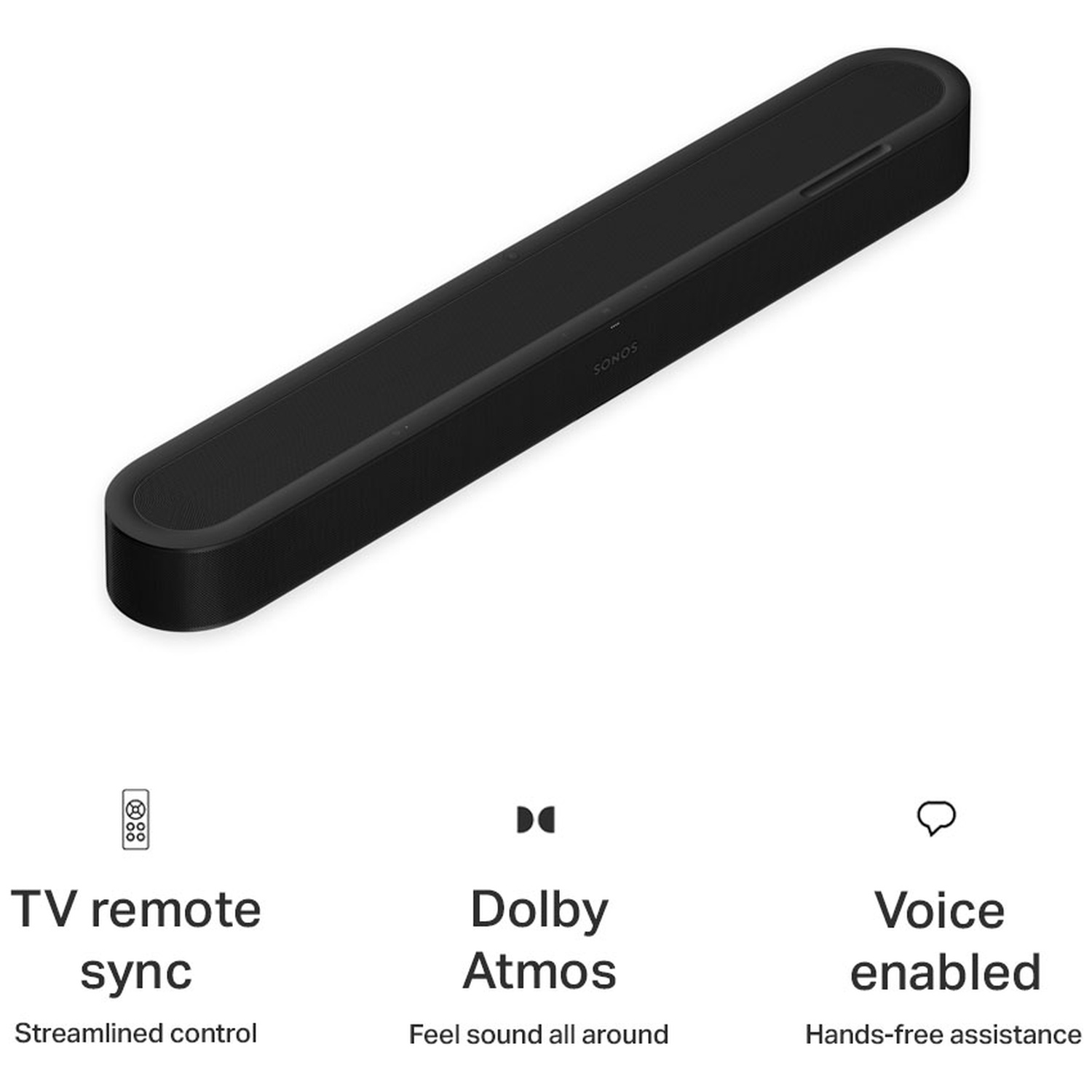 Une barre de son Sonos noire avec des icônes et du texte en bas pour la synchro télécommande, Dolby Atmos et la voix.