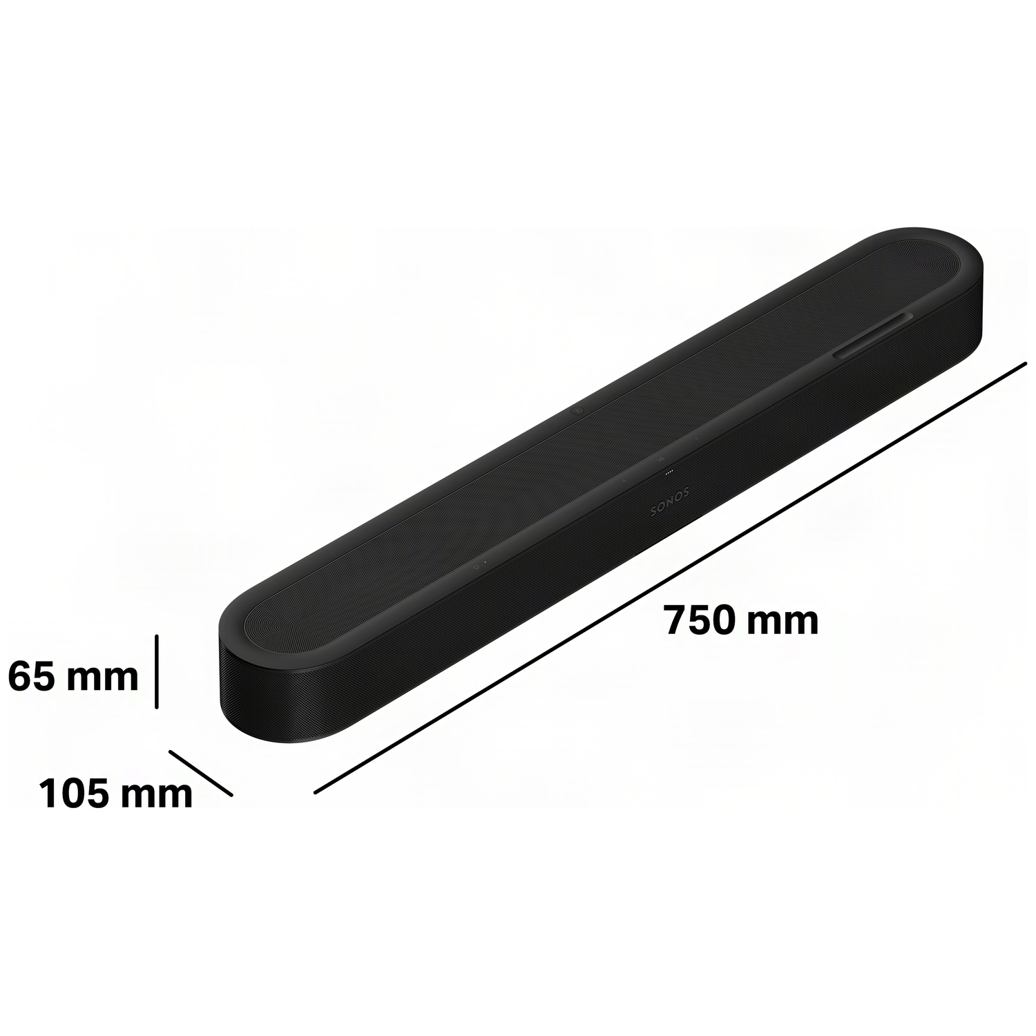 Barre de son Sonos noire avec dimensions : 750 mm de longueur, 105 mm de profondeur, 65 mm de hauteur.