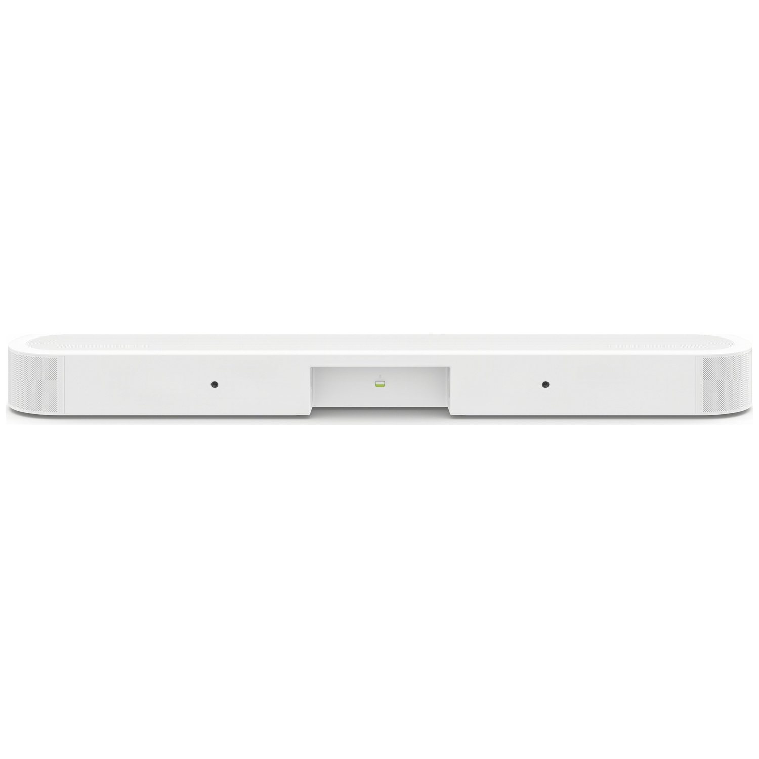 Une barre de son blanche aux coins arrondis avec une petite LED au centre sur fond blanc.