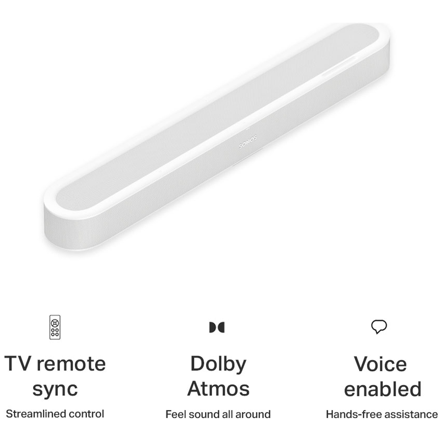 Une barre de son Sonos blanche avec trois icônes et du texte pour la synchro TV, Dolby Atmos et le contrôle vocal.