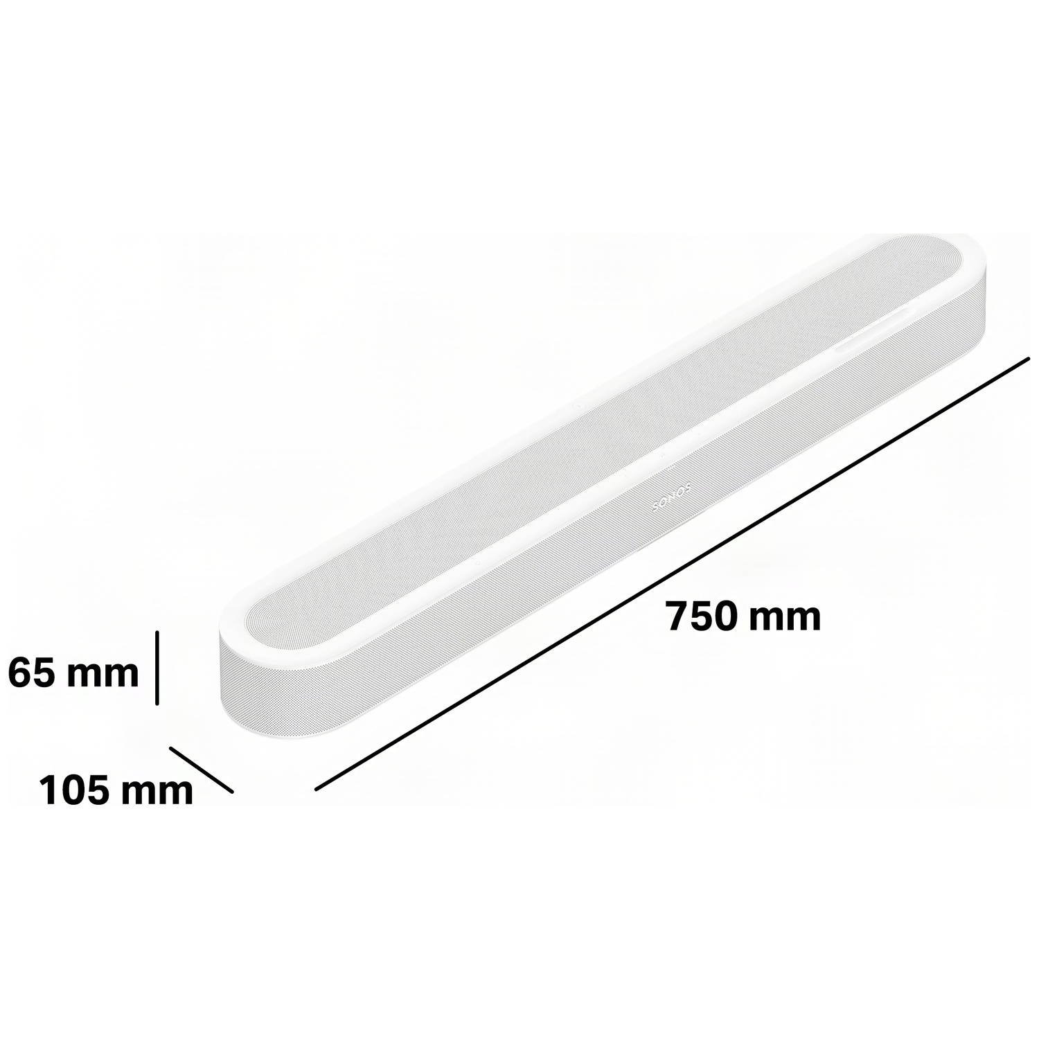 Barre de son Sonos blanche avec dimensions : 750 mm de long, 105 mm de profondeur et 65 mm de haut.