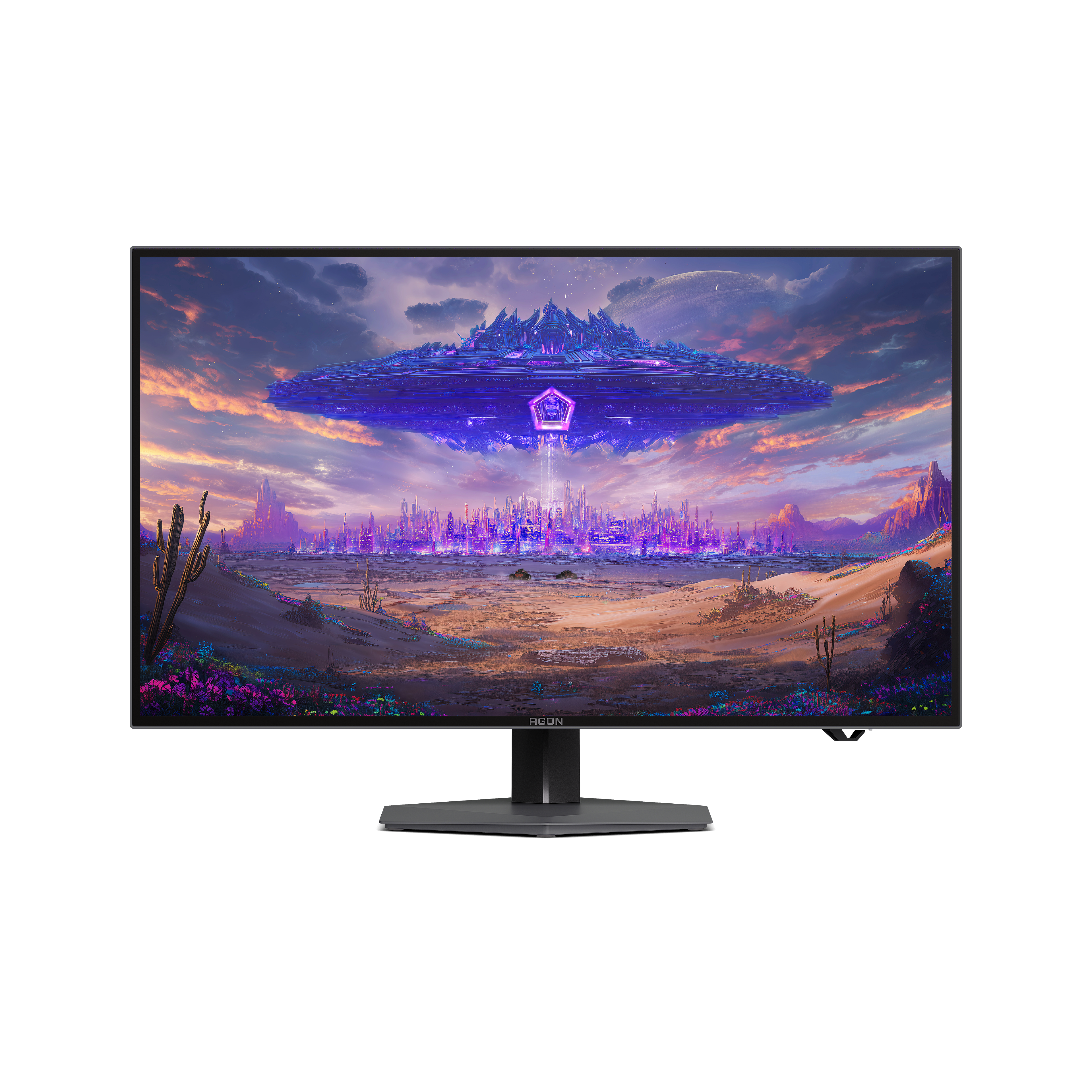 Ein AGON-Monitor zeigt eine farbenfrohe Sci-Fi-Landschaft mit einer riesigen fliegenden Untertasse über einer Stadt.