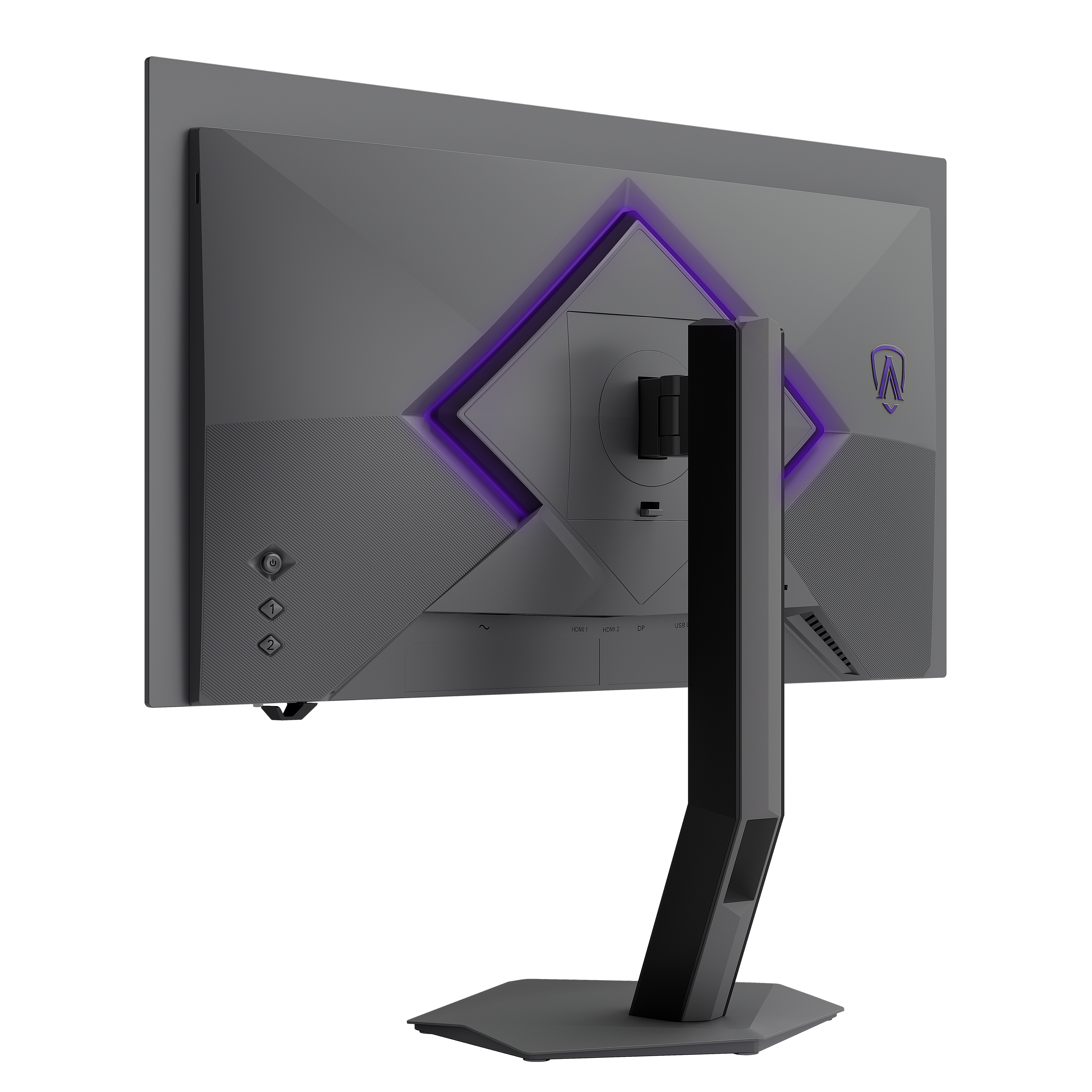Rückseite eines grauen Monitors mit violettem LED-Raute-Licht und stabilem Standfuß vor schwarzem Hintergrund.