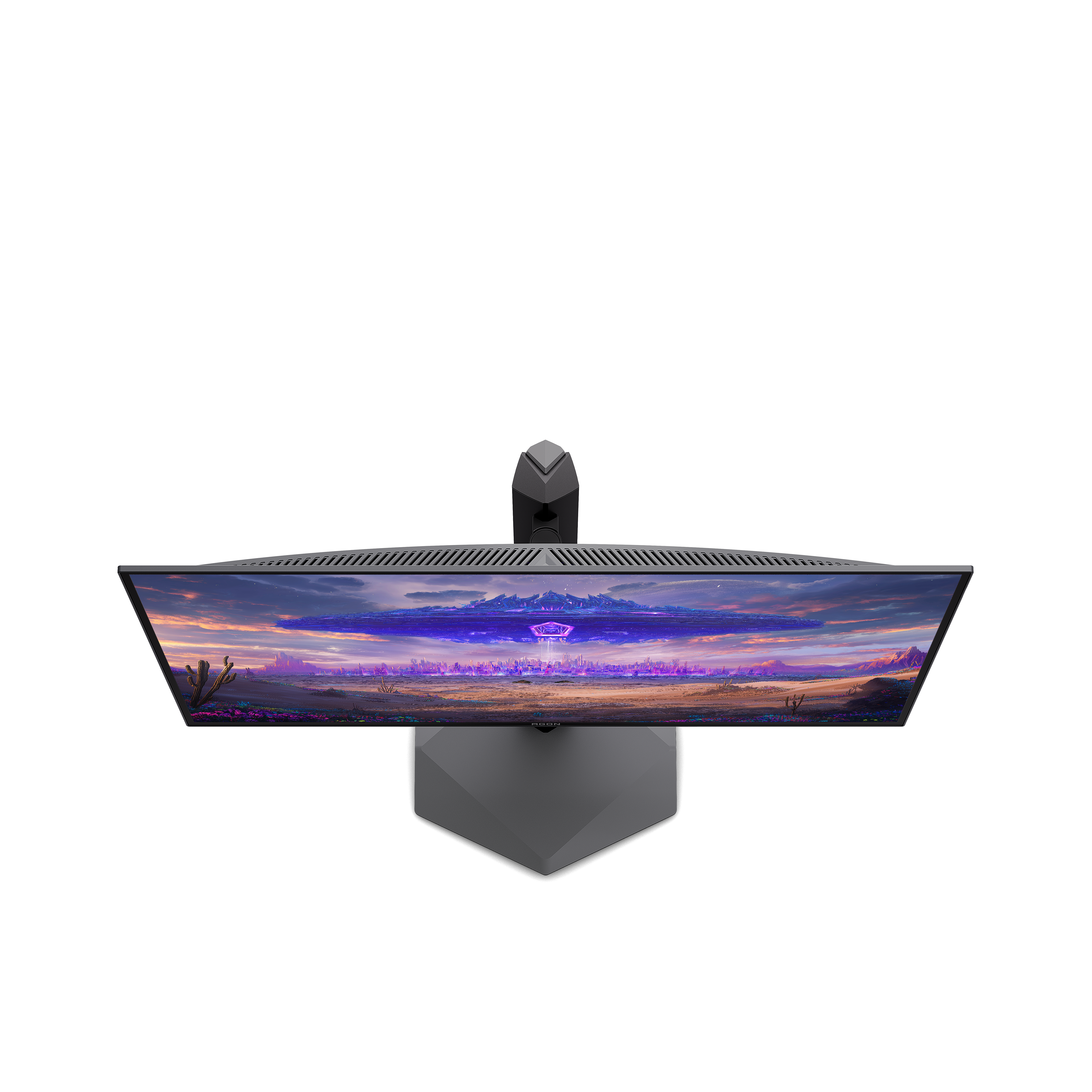 Top-Down-Ansicht eines gebogenen Monitors auf schwarzem Hintergrund mit einer Landschaft auf dem Bildschirm.