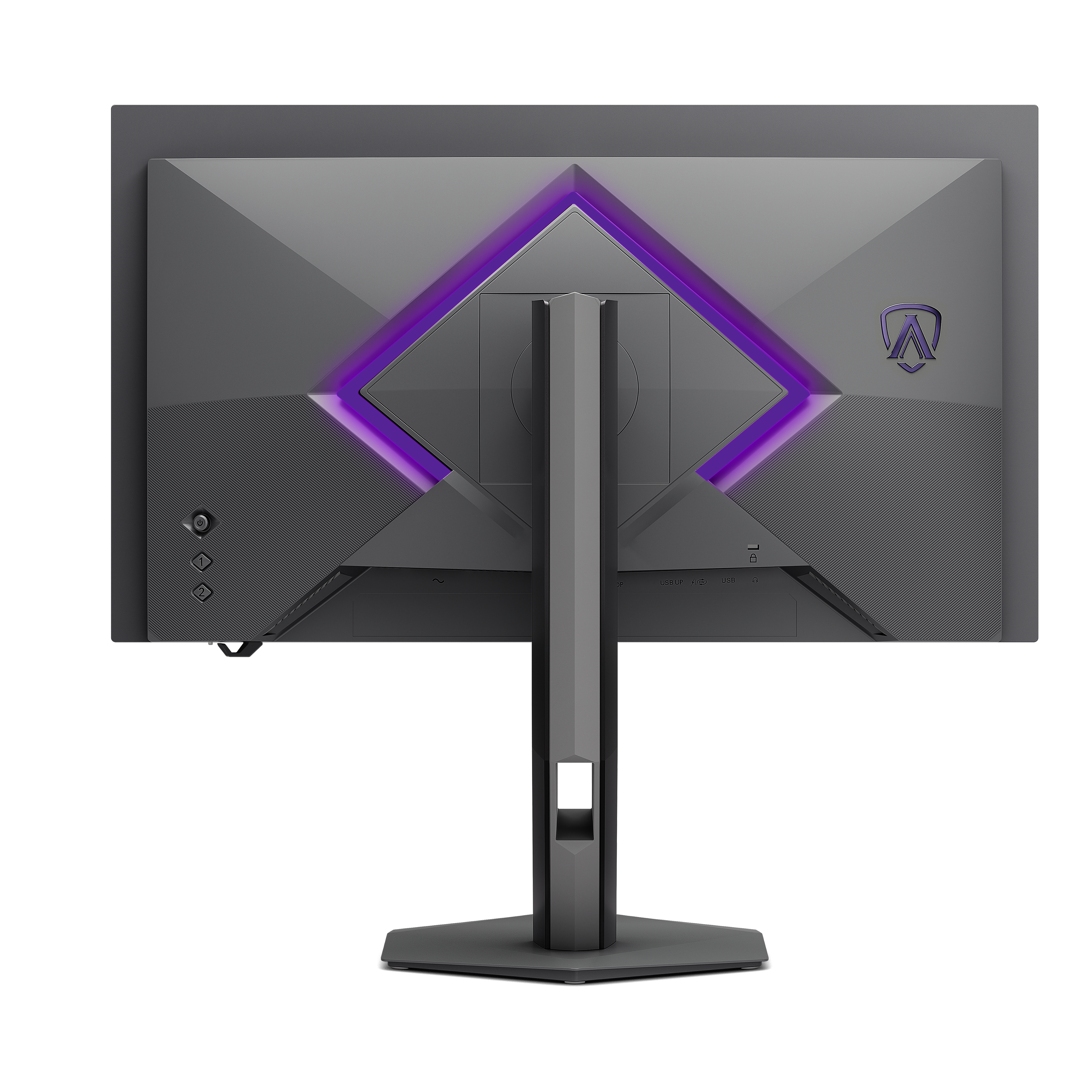 Die Rückseite eines grauen Monitors mit violettem LED-Licht und einem robusten Standfuß.