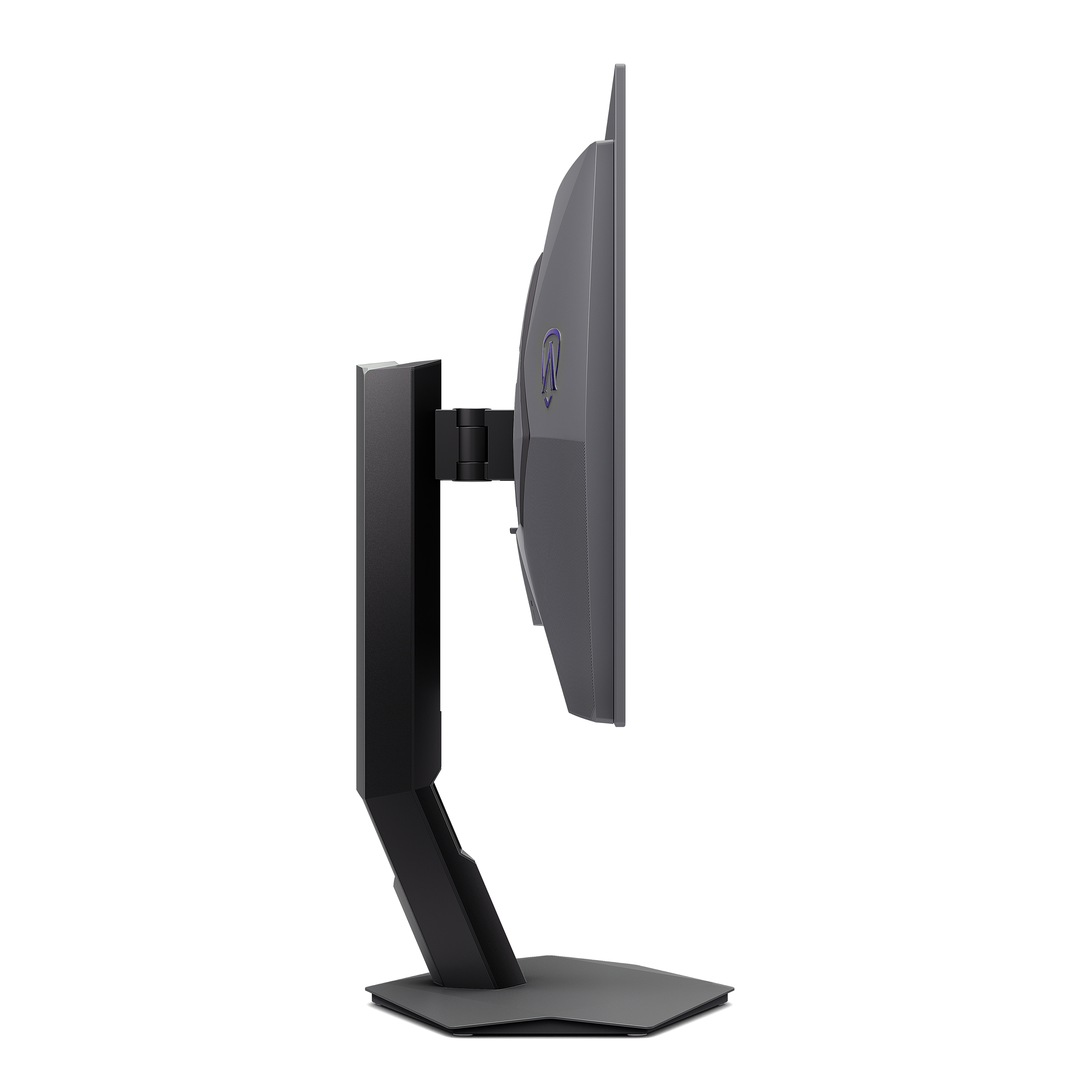 Seitenansicht eines schwarzen Computermonitors auf einem Ständer vor schwarzem Hintergrund.