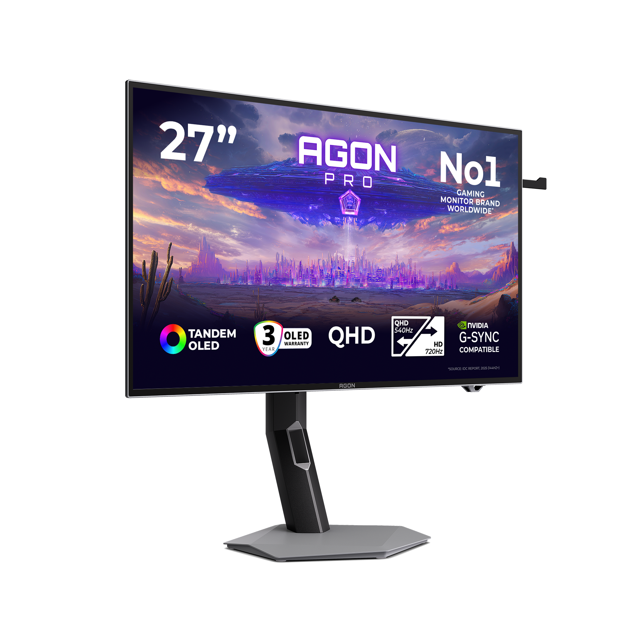 Agon Pro 27-Zoll-OLED-Gaming-Monitor mit futuristischem Display und Standfuß vor schwarzem Hintergrund.