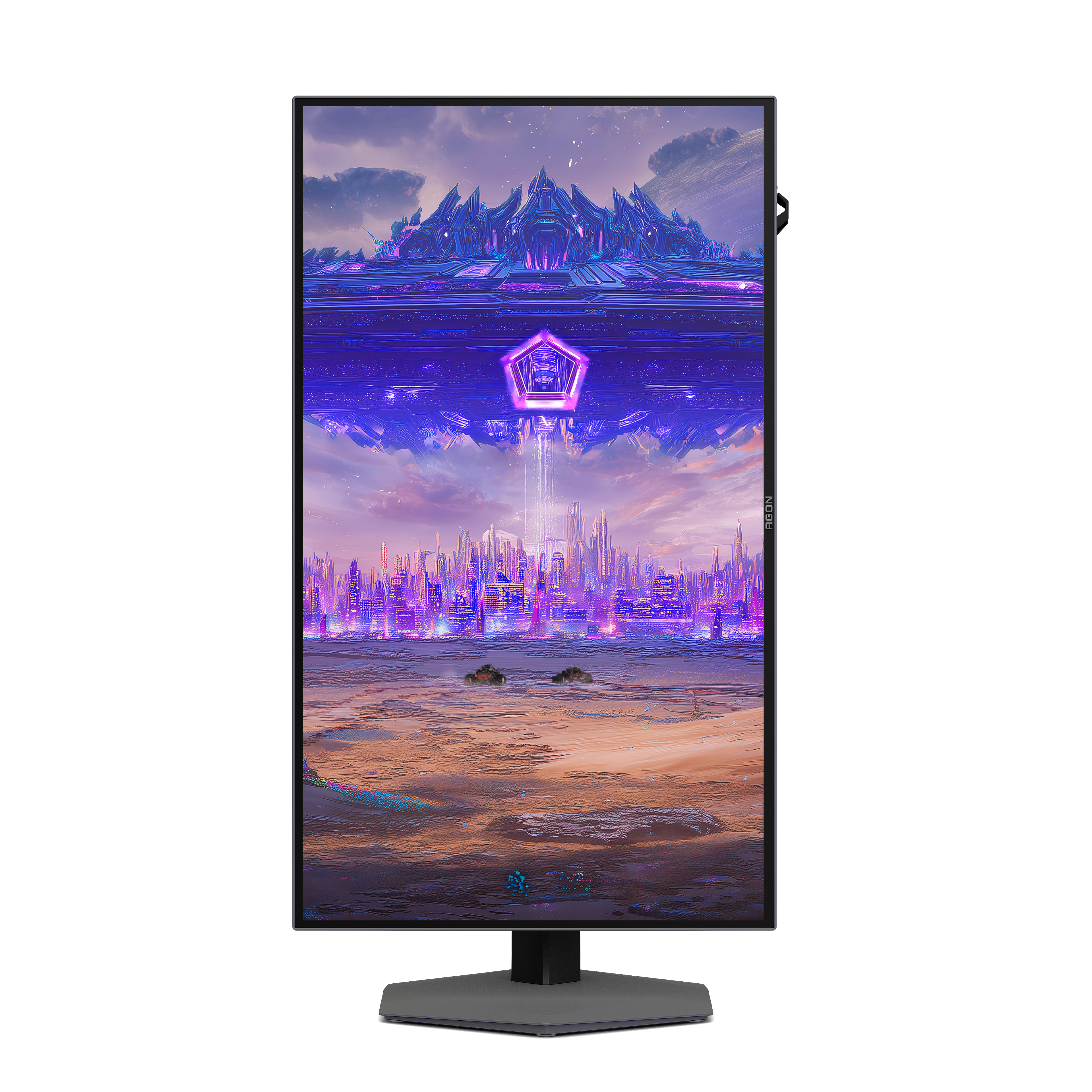 Ein vertikaler Monitor zeigt eine futuristische Neonstadt unter einem riesigen Raumschiff in einer kargen Landschaft.