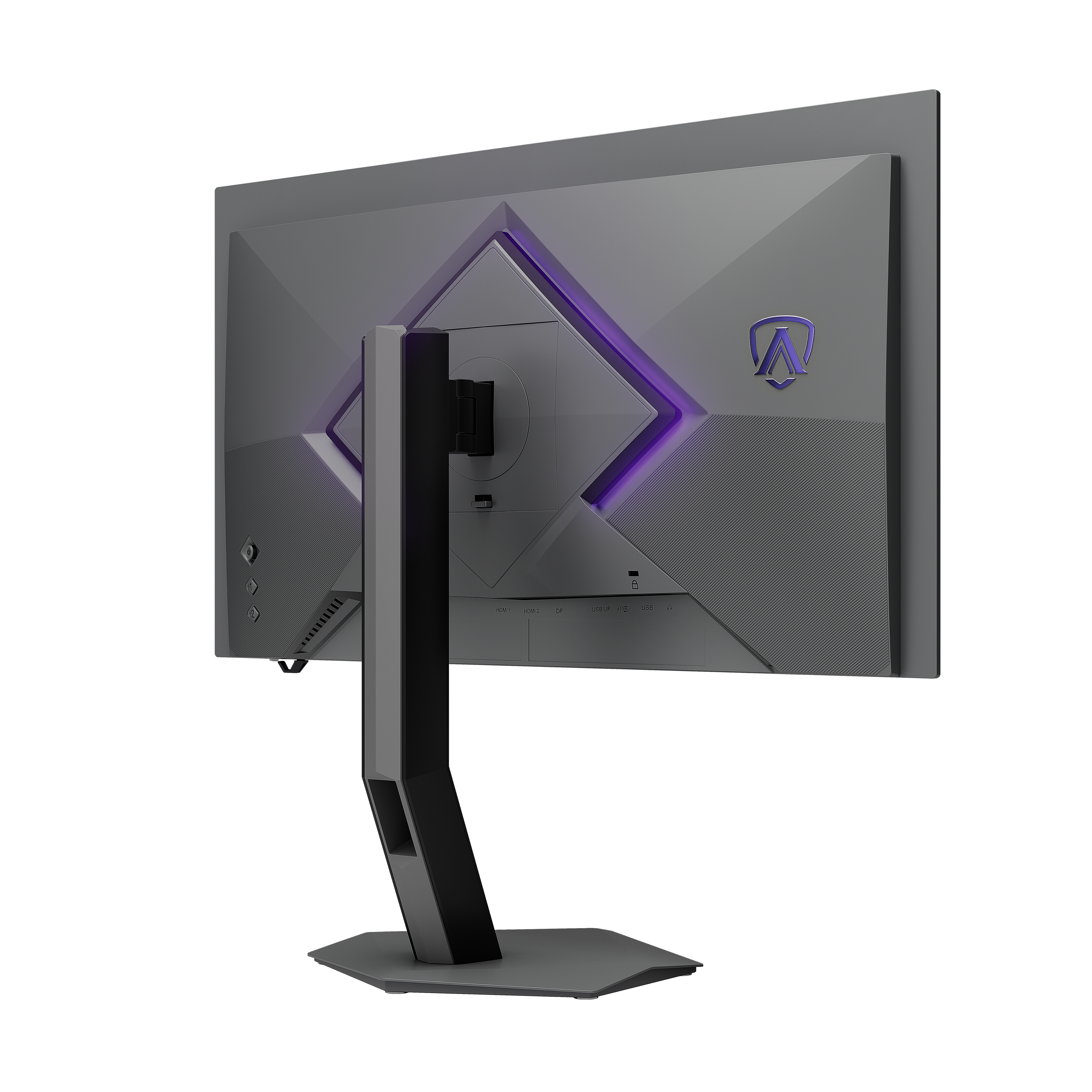 Die Rückseite eines grauen Gaming-Monitors auf einem Standfuß mit violettem LED-Licht und einem Logo.