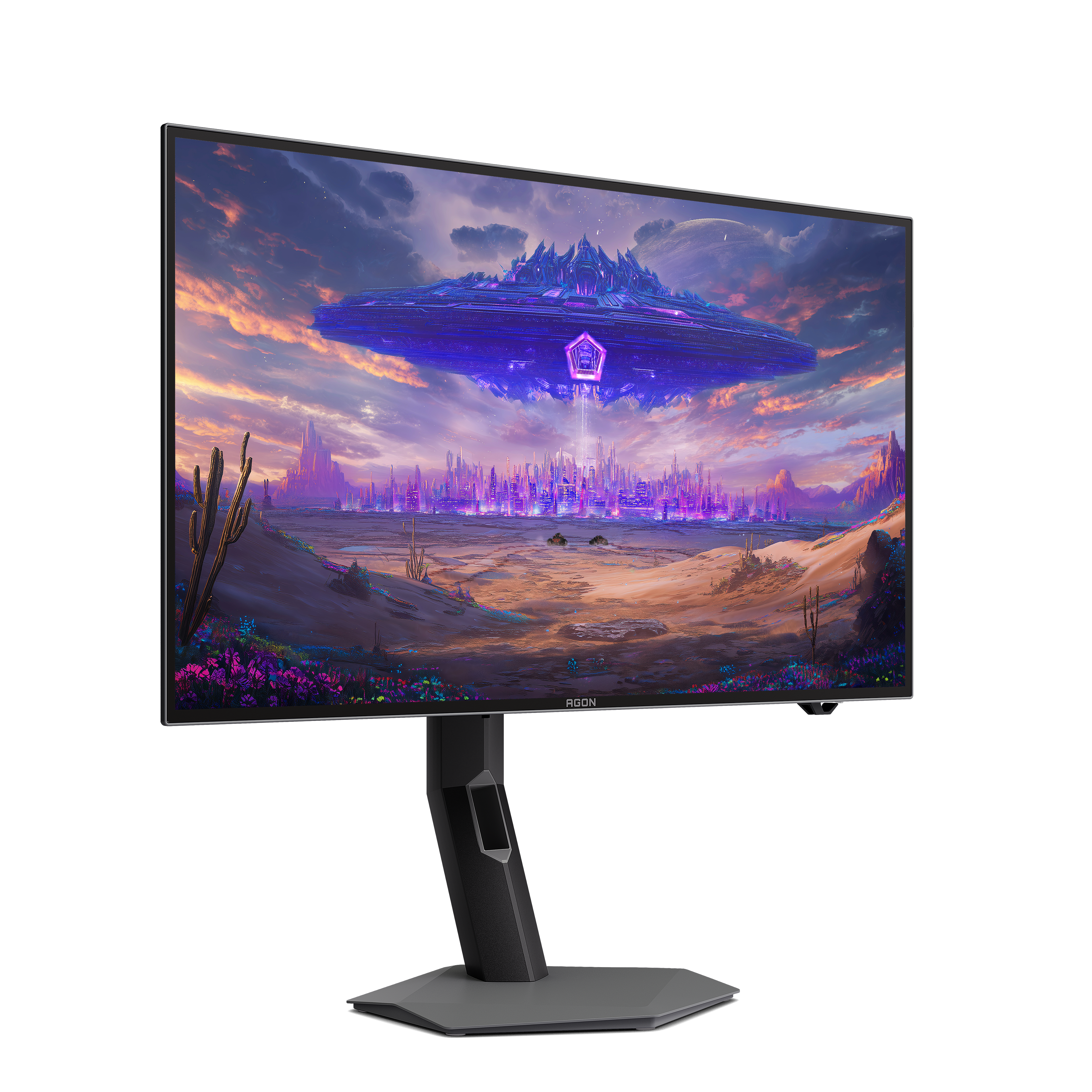 Ein moderner Gaming-Monitor zeigt ein farbenfrohes Sci-Fi-Wallpaper mit einer schwebenden Stadt und einer UFO-ähnlichen Struktur.