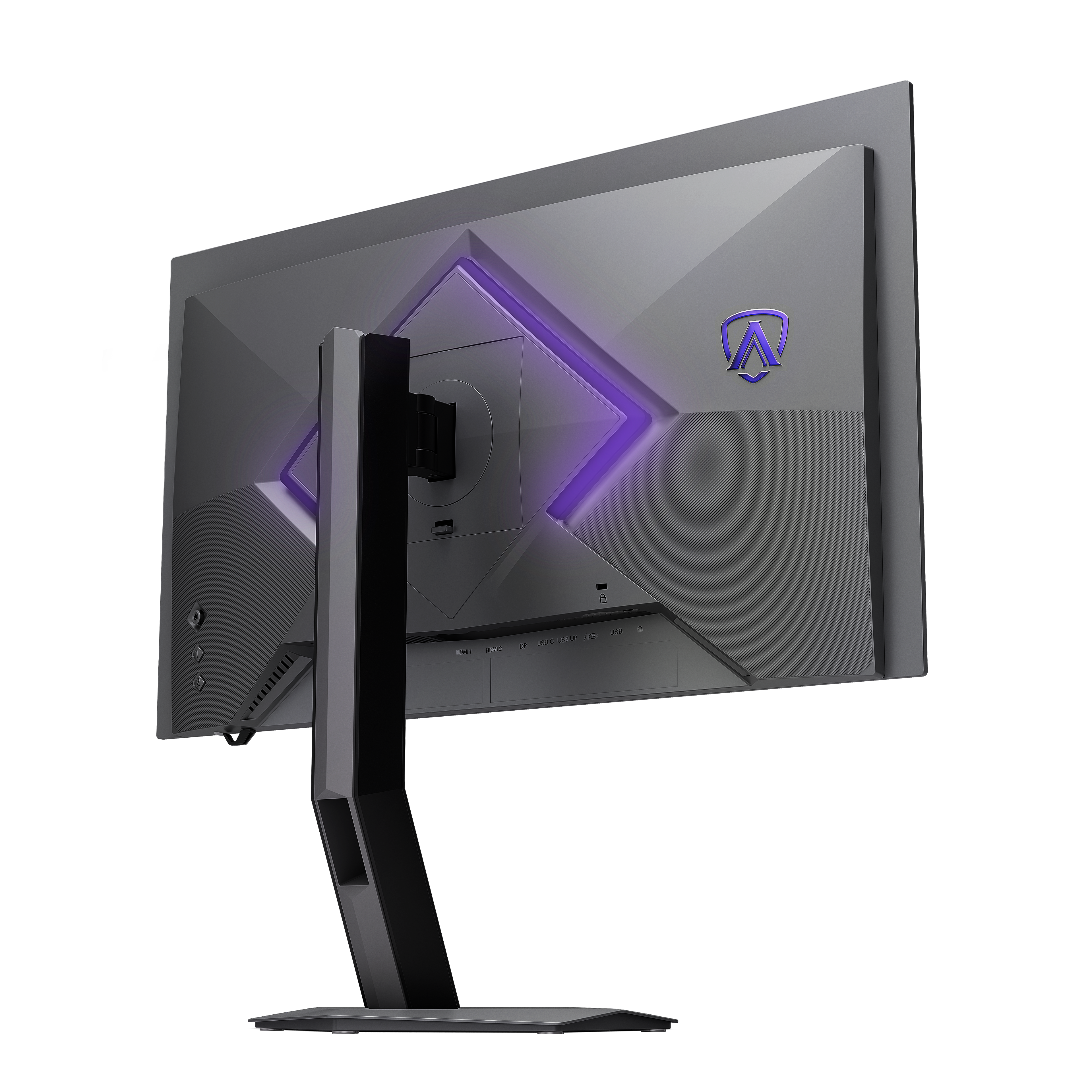 Rückseite eines grauen Monitors mit Ständer, violetter Beleuchtung und einem Logo auf schwarzem Hintergrund.