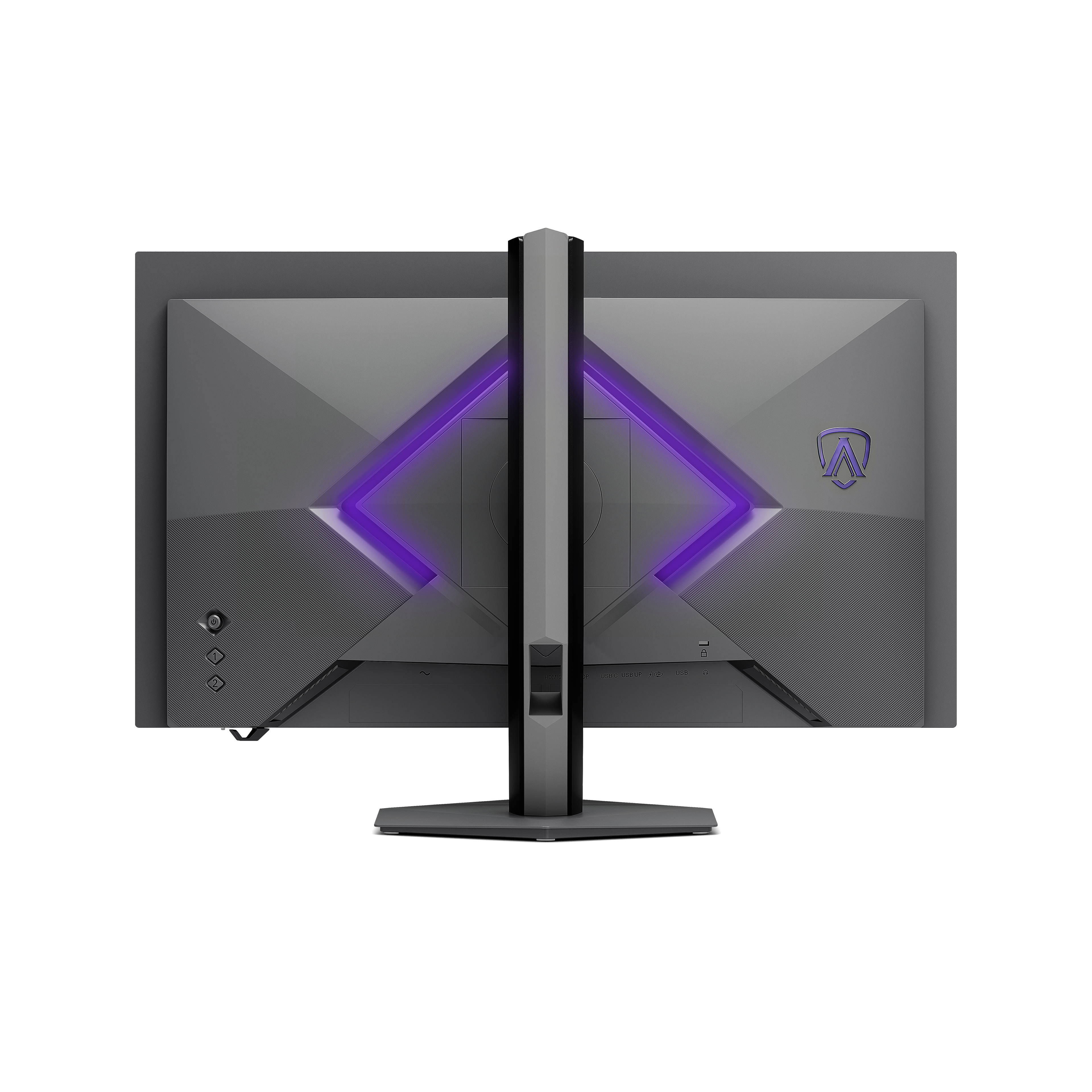Rückansicht eines Monitors mit violettem LED-Licht und stabilem Standfuß vor schwarzem Hintergrund.