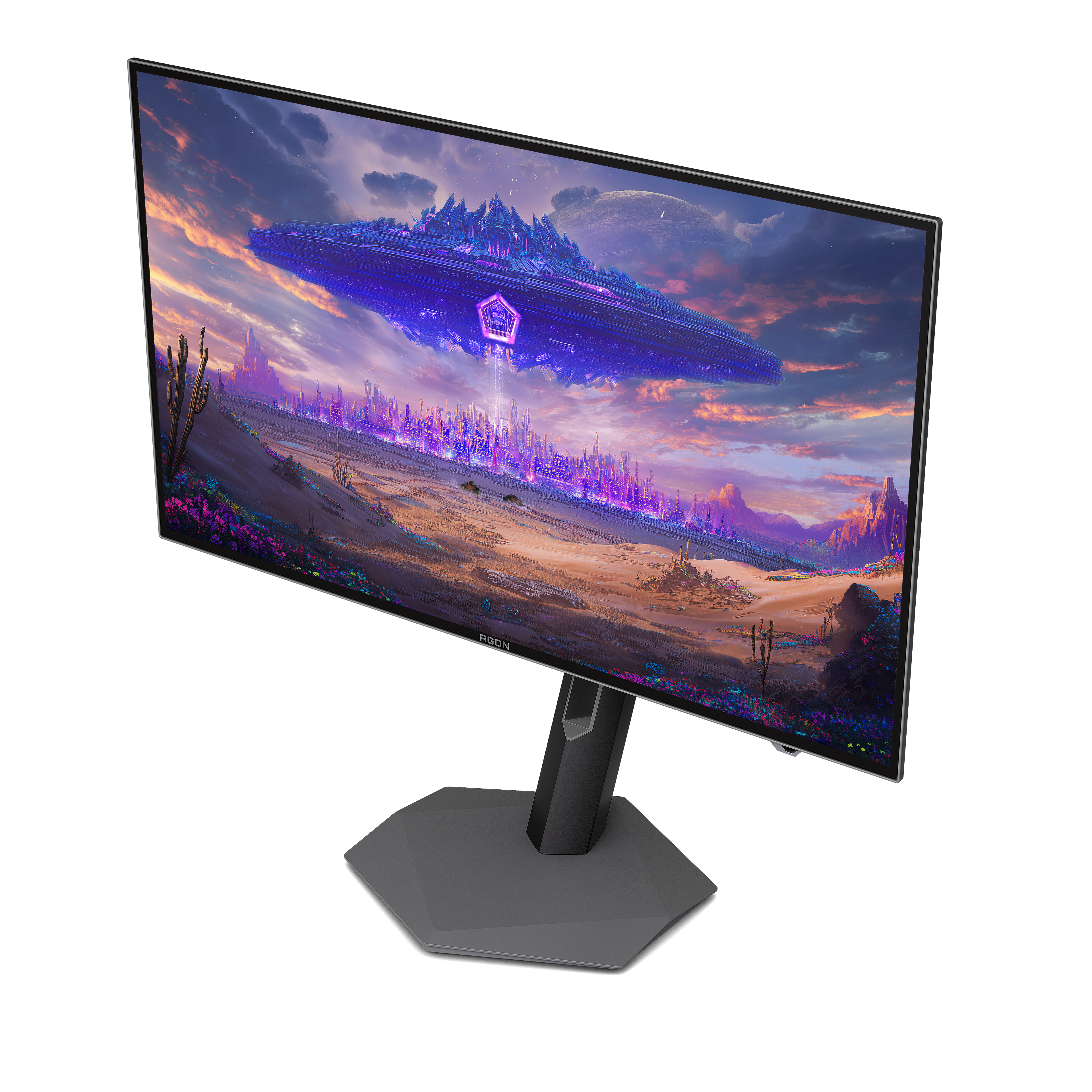 Ein schwarzer Monitor mit einem Sci-Fi-Hintergrundbild zeigt eine Stadt unter einem blauen Raumschiff.
