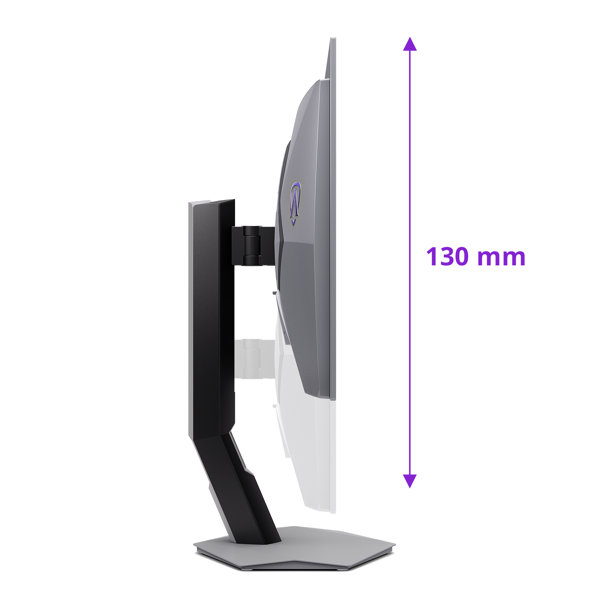 Seitenansicht eines Monitors mit 130 mm höhenverstellbarem Standfuß vor weißem Hintergrund.