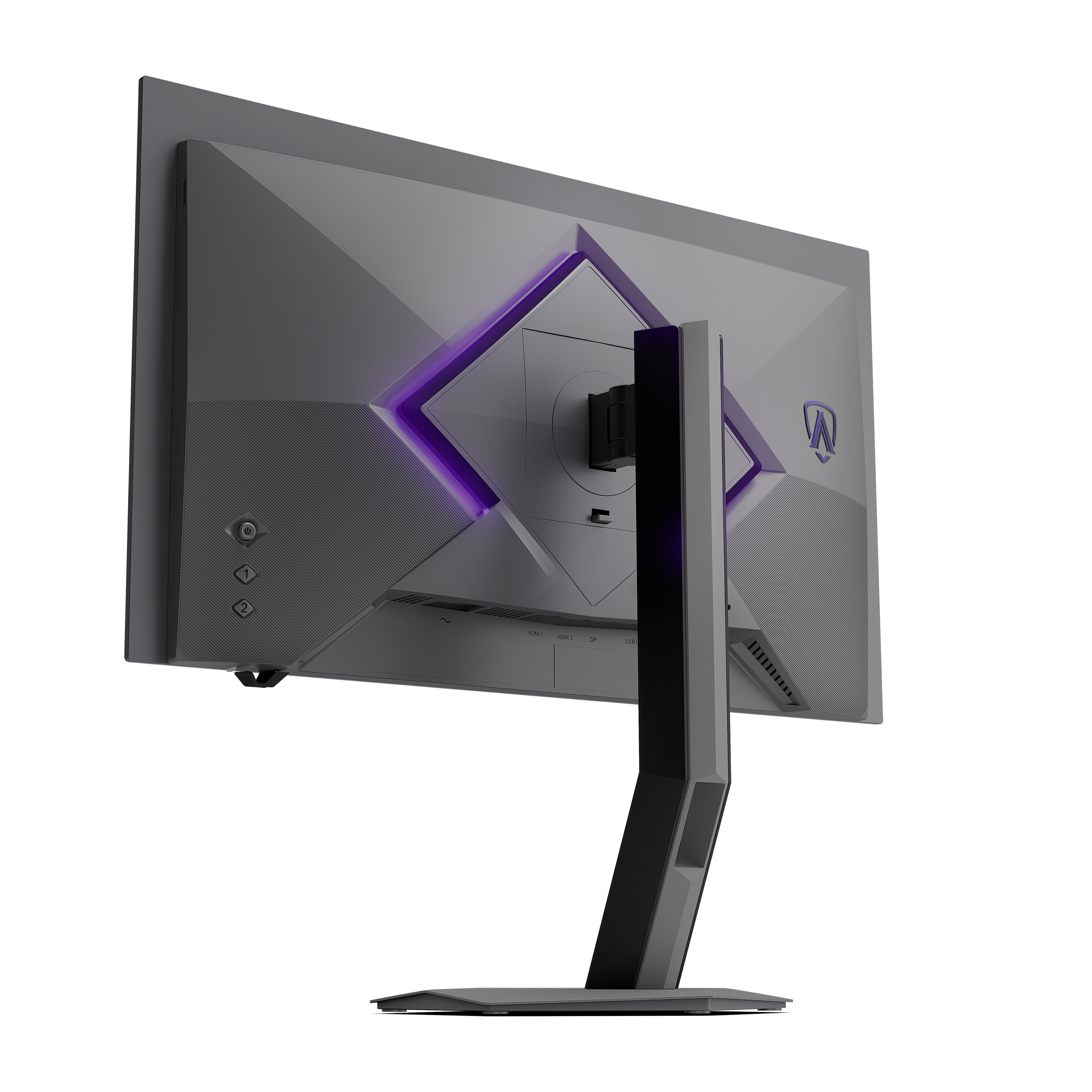 Rückansicht eines modernen Gaming-Monitors mit violetter LED-Beleuchtung vor schwarzem Hintergrund.