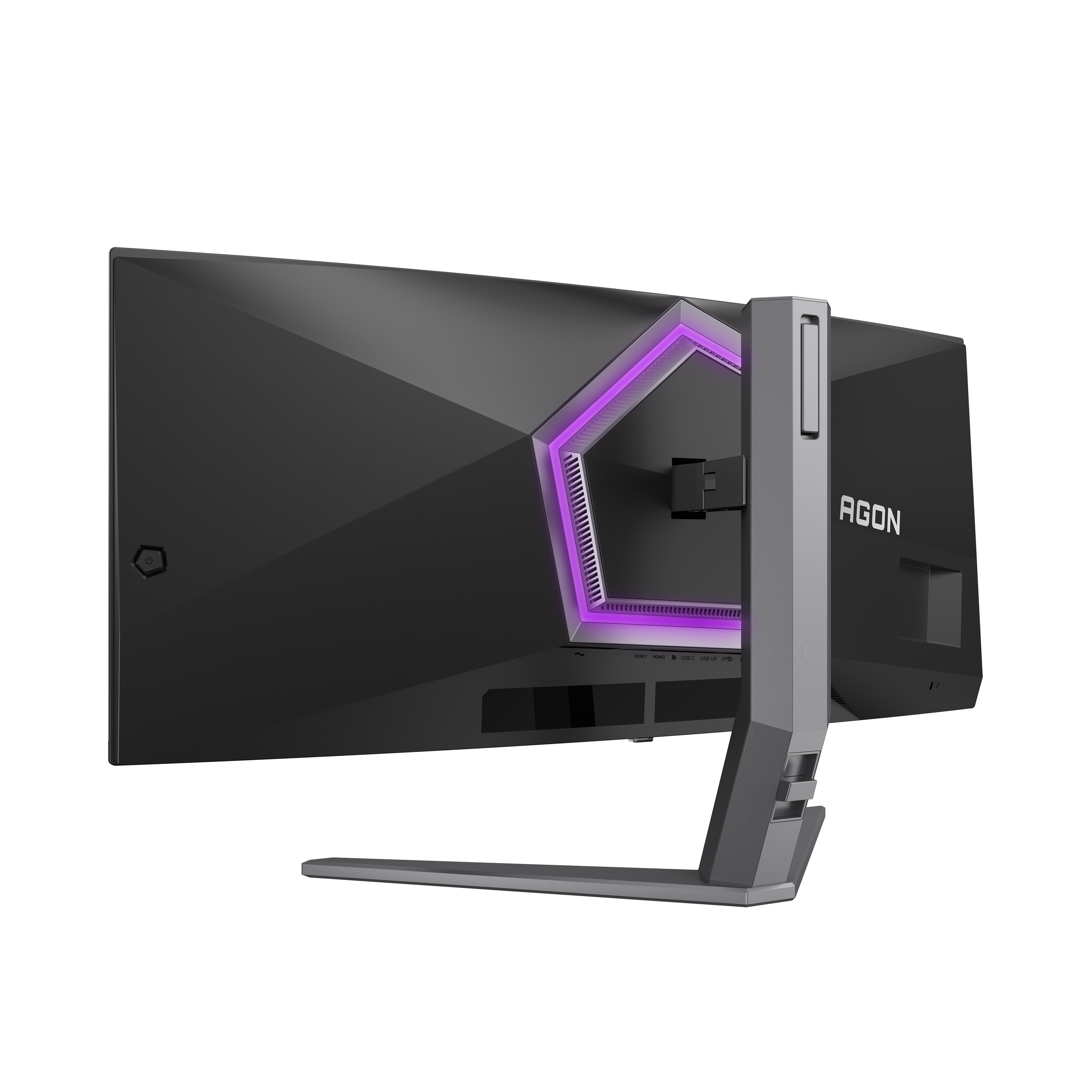 Rückansicht eines schwarzen AGON-Gaming-Monitors mit violettem LED-Licht und stabilem Standfuß vor schwarzem Hintergrund.