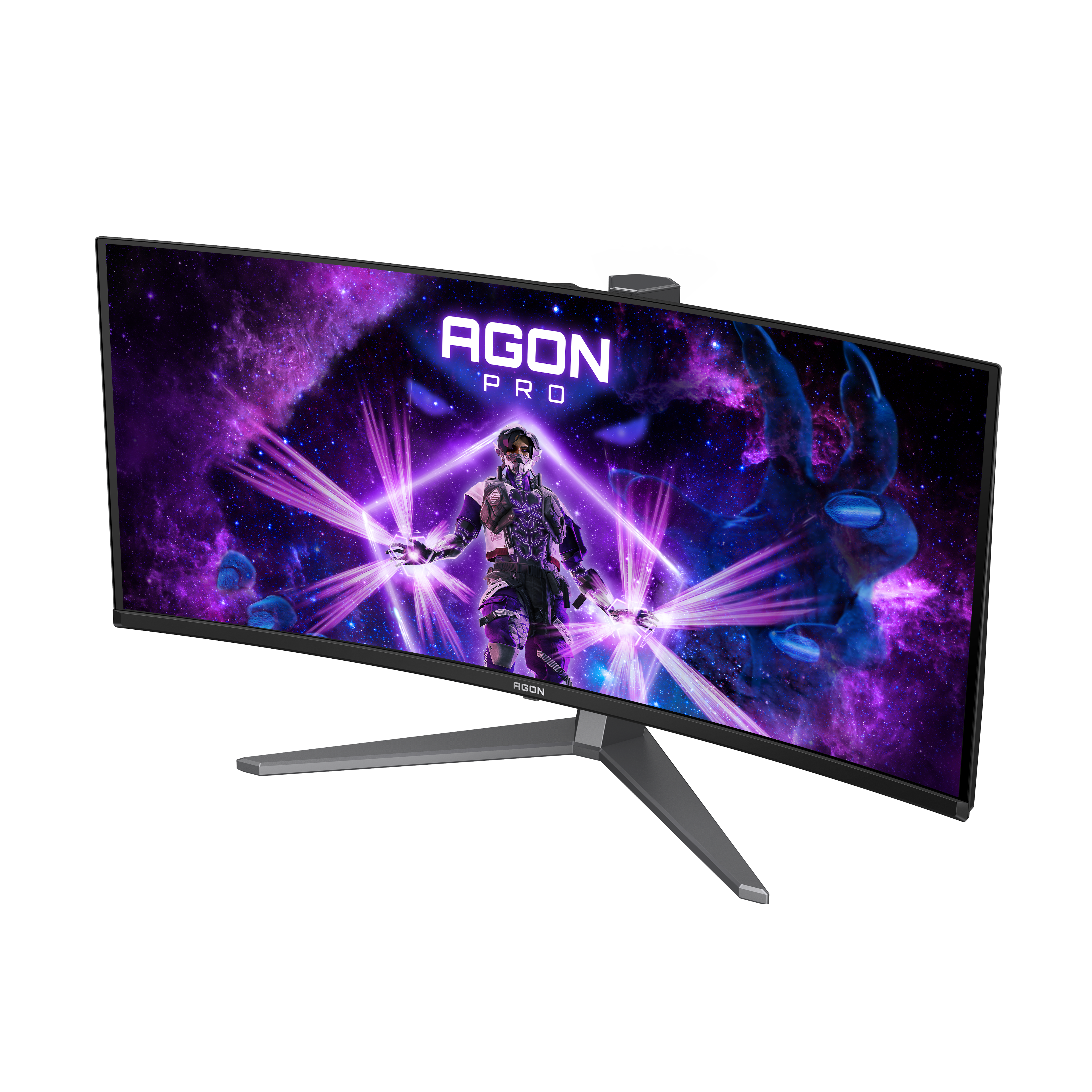 Ein gebogener Agon Pro Monitor zeigt eine Gaming-Szene vor lila Galaxie-Hintergrund auf schwarzem Grund.