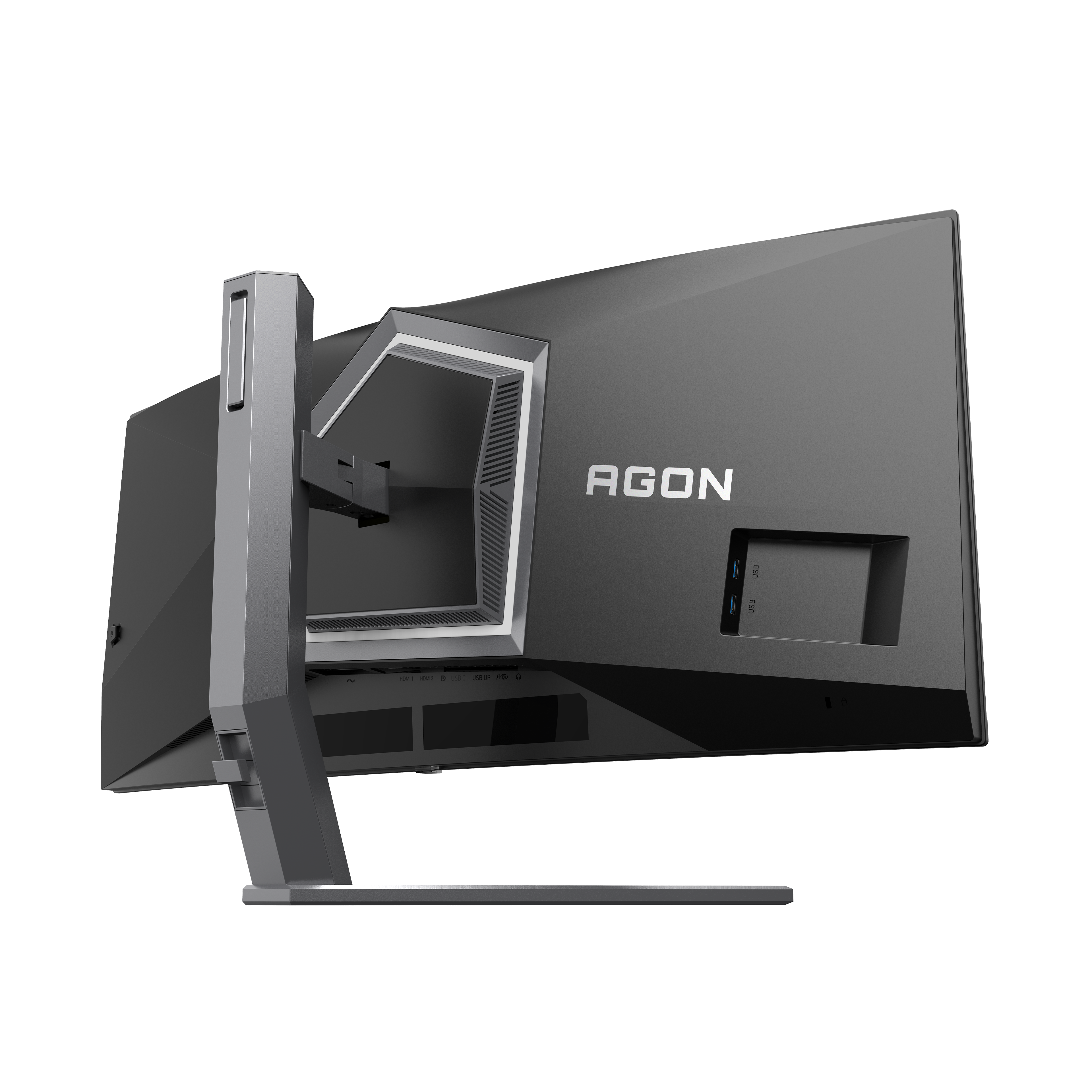 Rückansicht eines grauen AGON Gaming-Monitors mit schwerem Standfuß auf schwarzem Hintergrund.