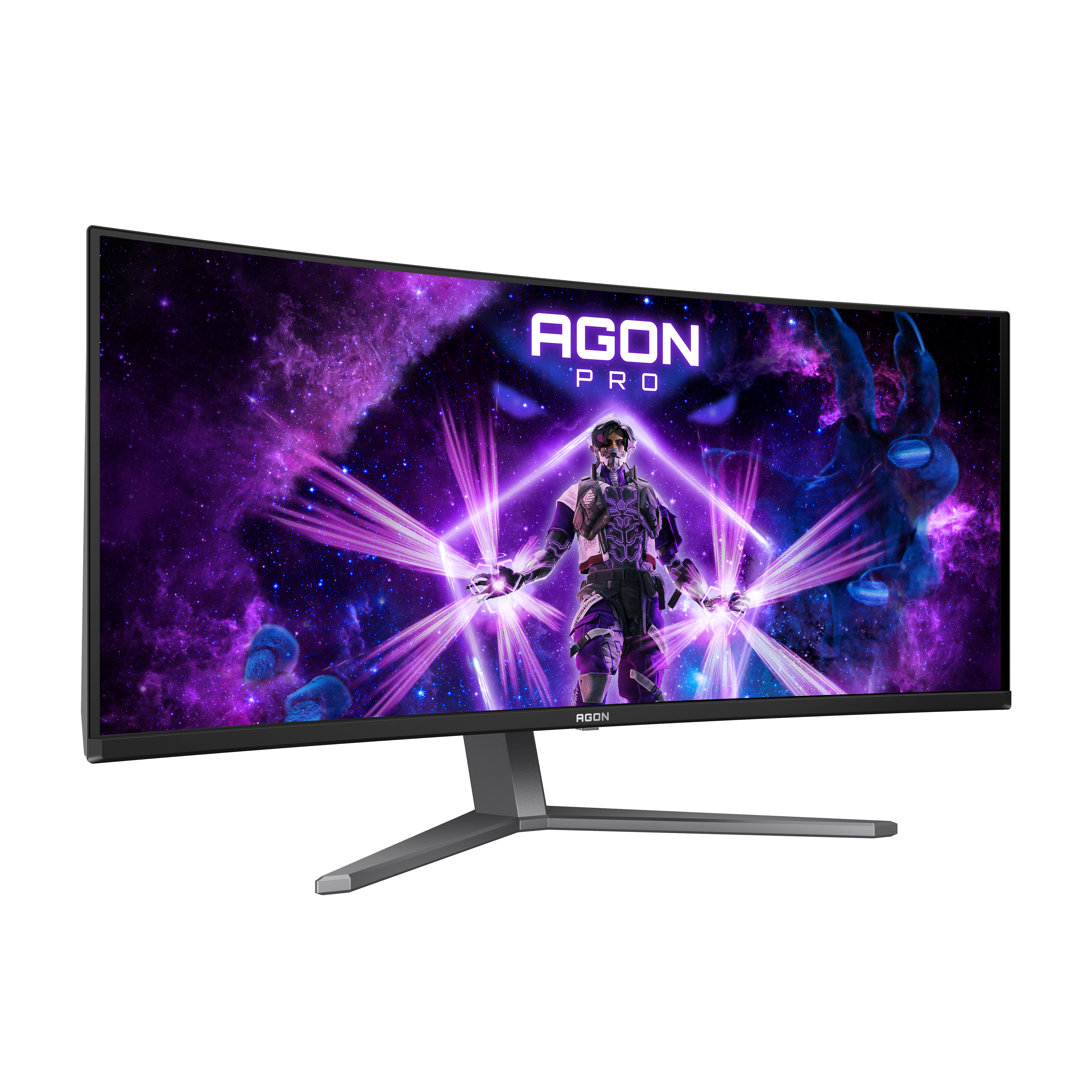 Ein Agon Pro Ultrawide-Gaming-Monitor mit futuristischem Weltraum-Hintergrund auf dem Bildschirm.