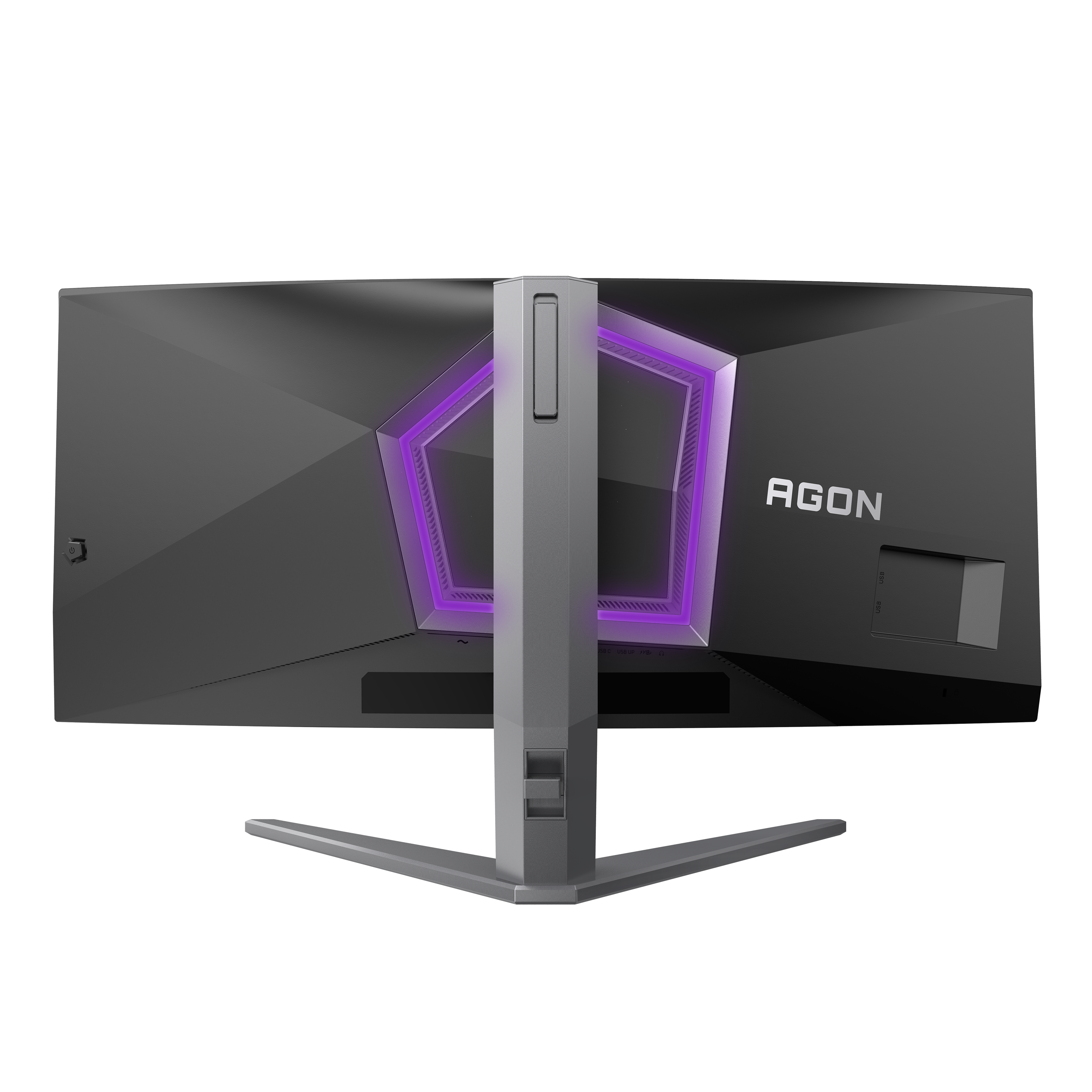 Rückansicht eines breiten, gebogenen AGON Monitors mit violettem Leuchten und grauem Standfuß vor schwarzem Hintergrund.