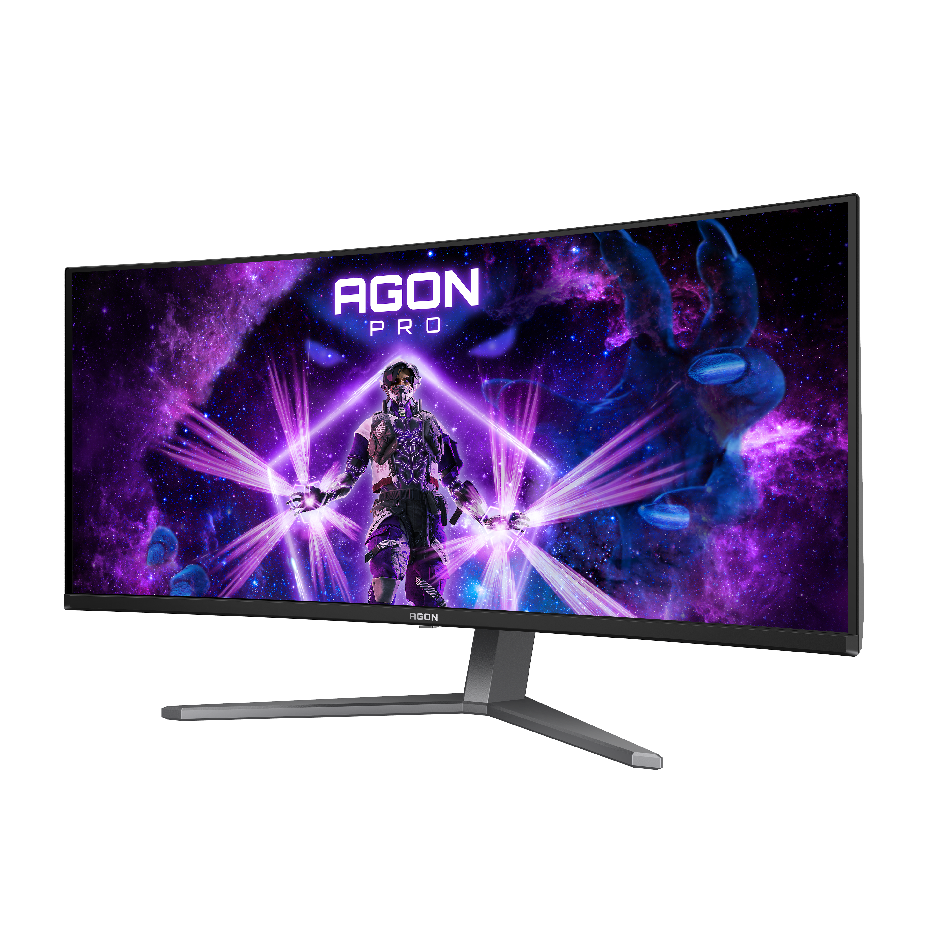Ein gebogener AGON Pro Gaming-Monitor zeigt eine lila Weltraum-Fantasy-Szene mit einer Figur in der Mitte.