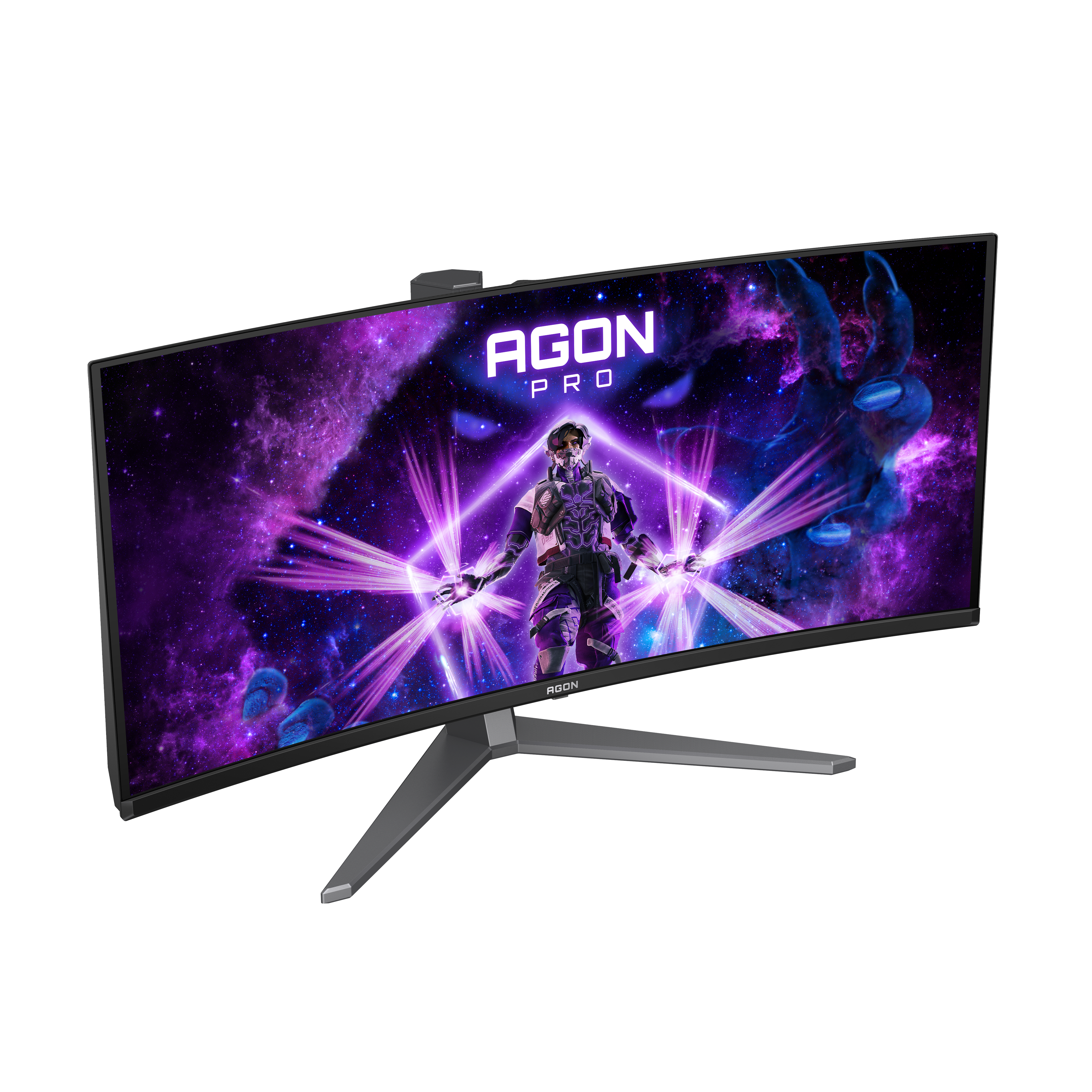 Ein gebogener Agon Pro Gaming-Monitor zeigt eine farbenfrohe Space-Szene mit einer Charaktergrafik.