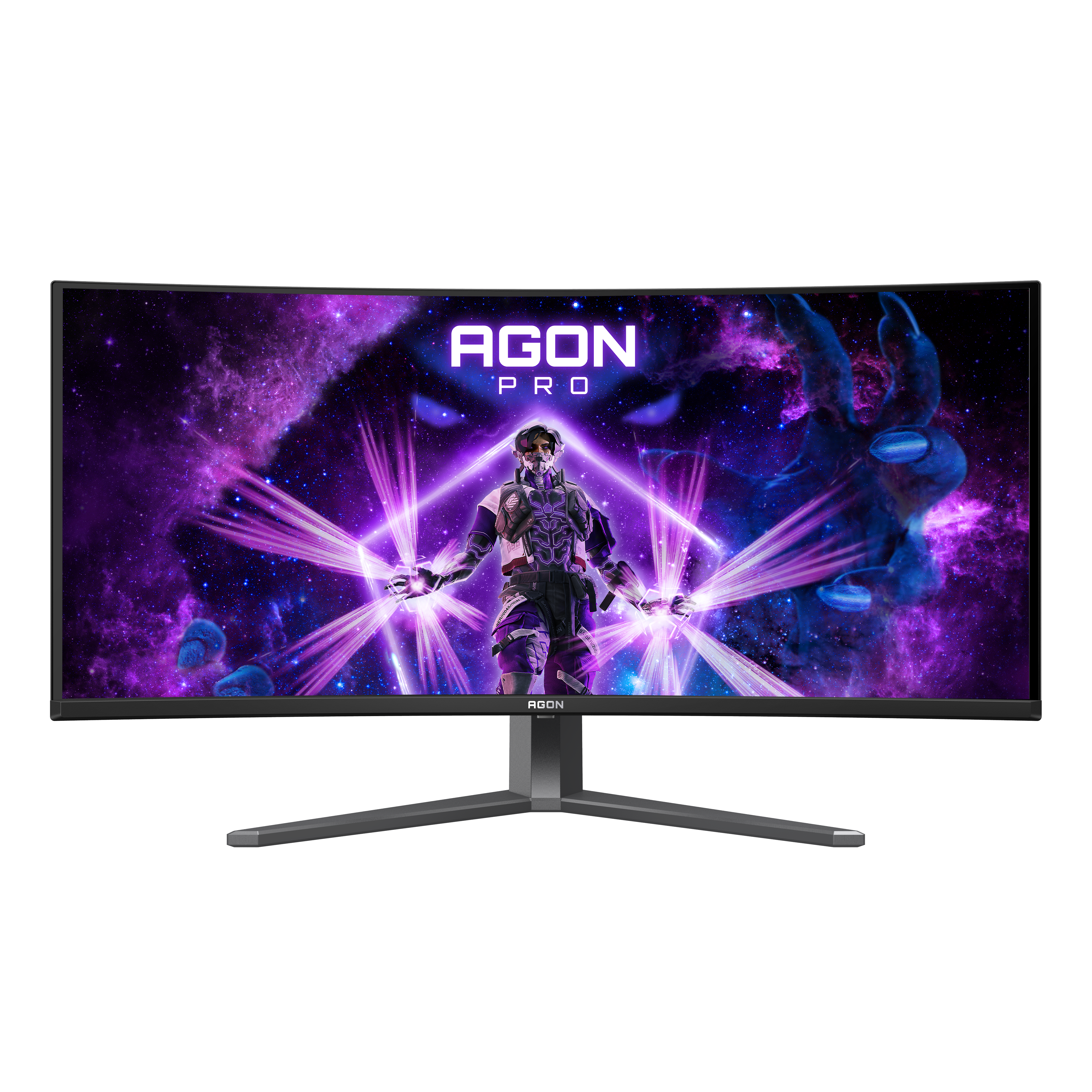 Ein breiter, gebogener AGON PRO Gaming-Monitor zeigt eine futuristische Sci-Fi-Szene mit violetten Lichteffekten.