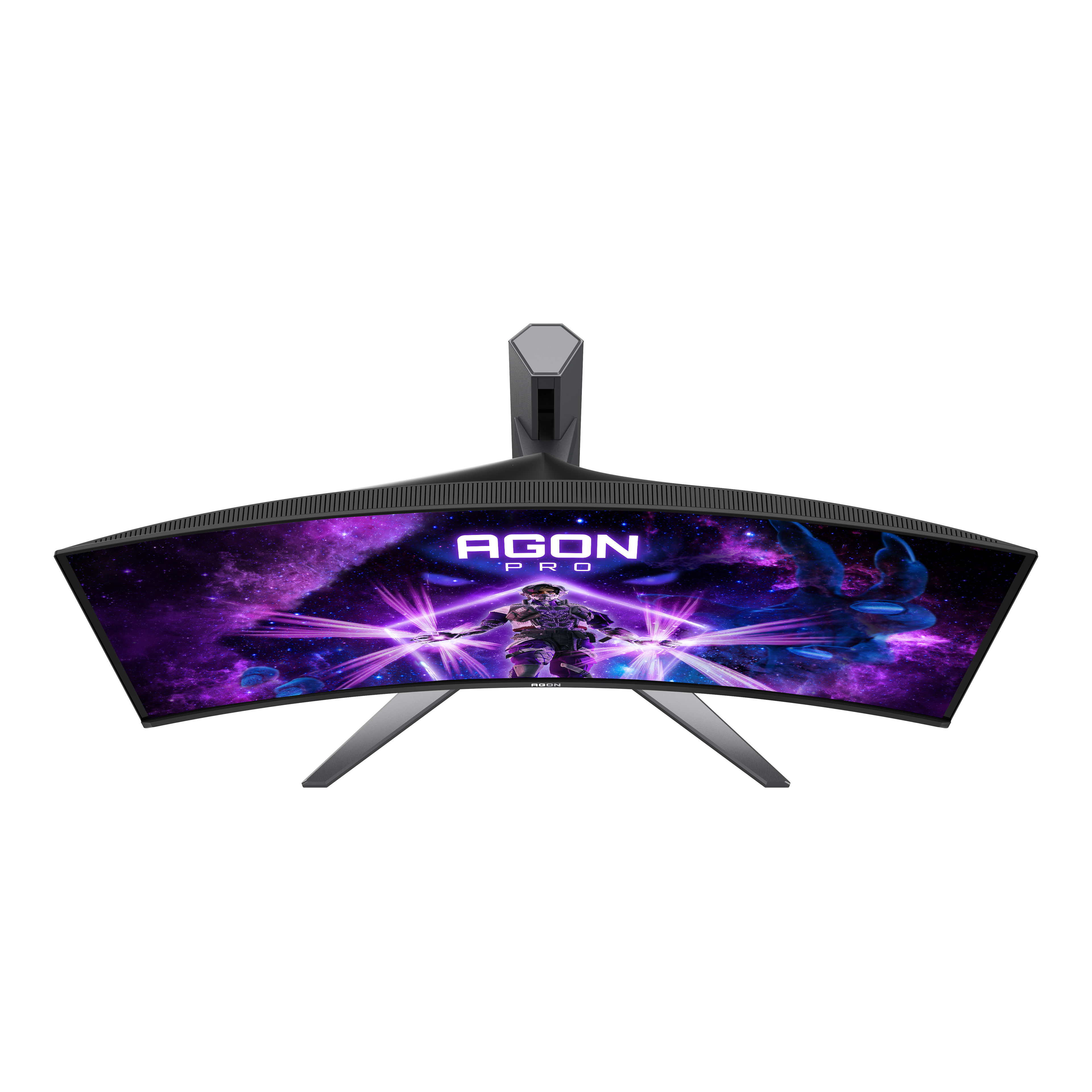 Ein gebogener Agon Pro Gaming-Monitor mit leuchtend violettem Weltraum-Hintergrundbild.