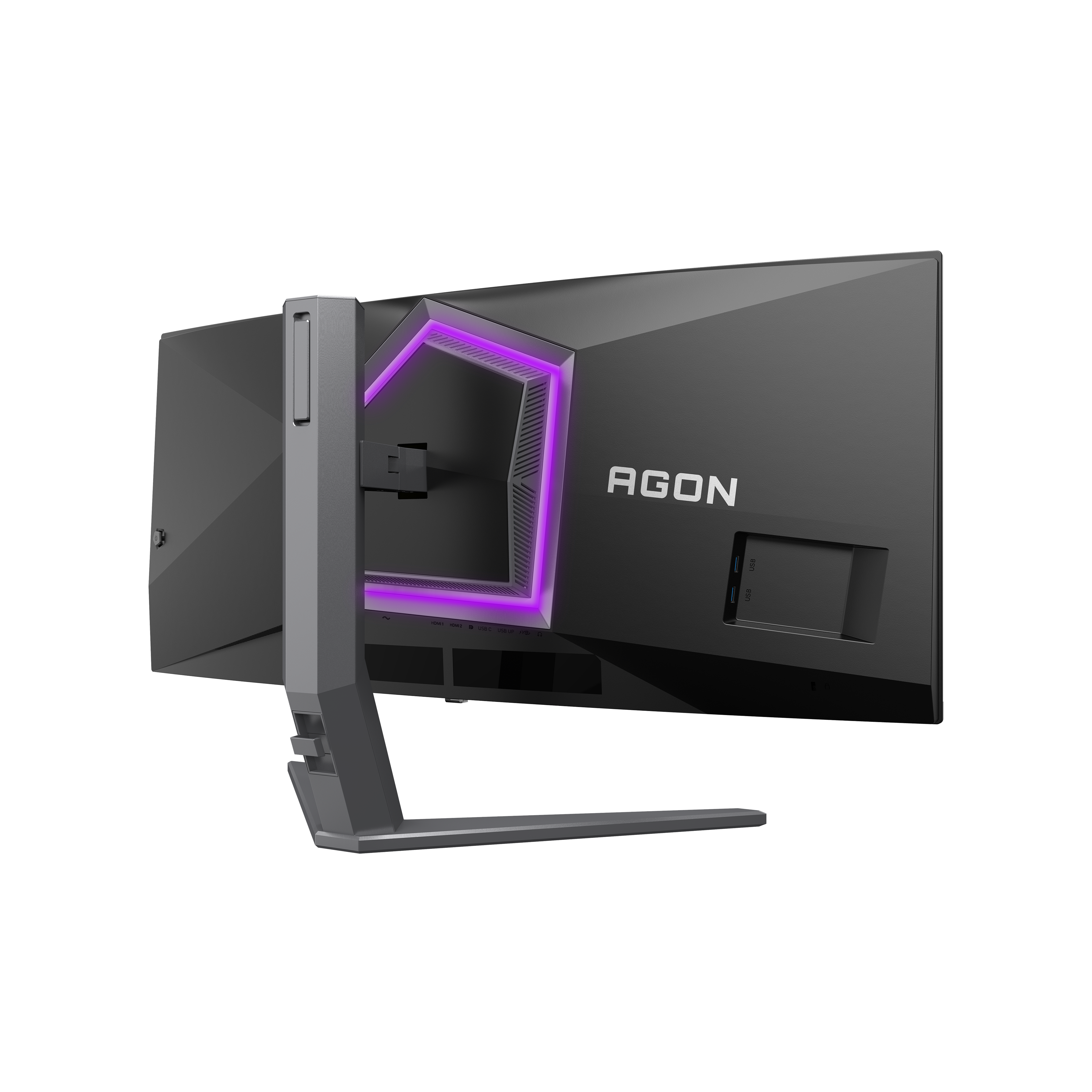 Rückansicht eines schwarzen AGON-Gaming-Monitors mit lila LEDs auf einem Ständer vor schwarzem Hintergrund.