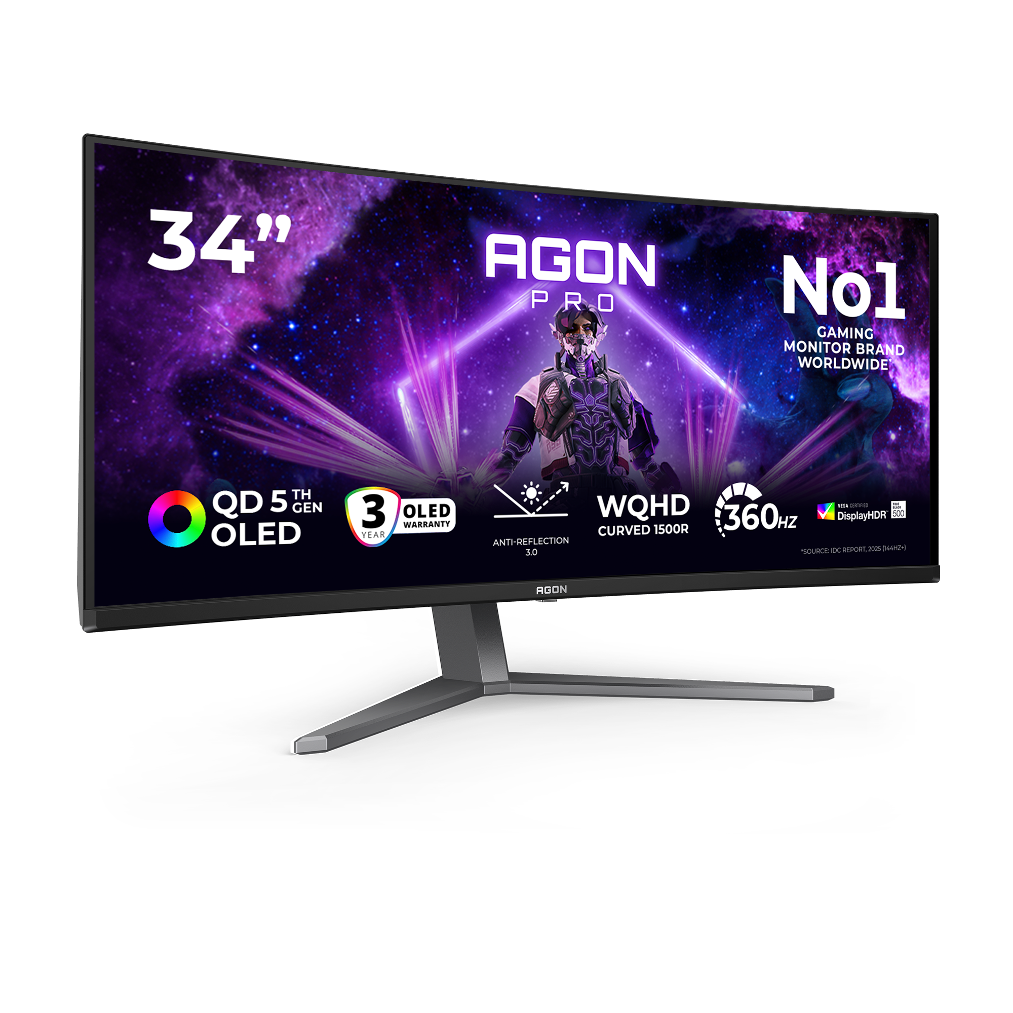 Ein 34-Zoll Agon Pro WQHD OLED Gaming-Monitor mit futuristischem Display auf einem Ständer vor schwarzem Hintergrund.