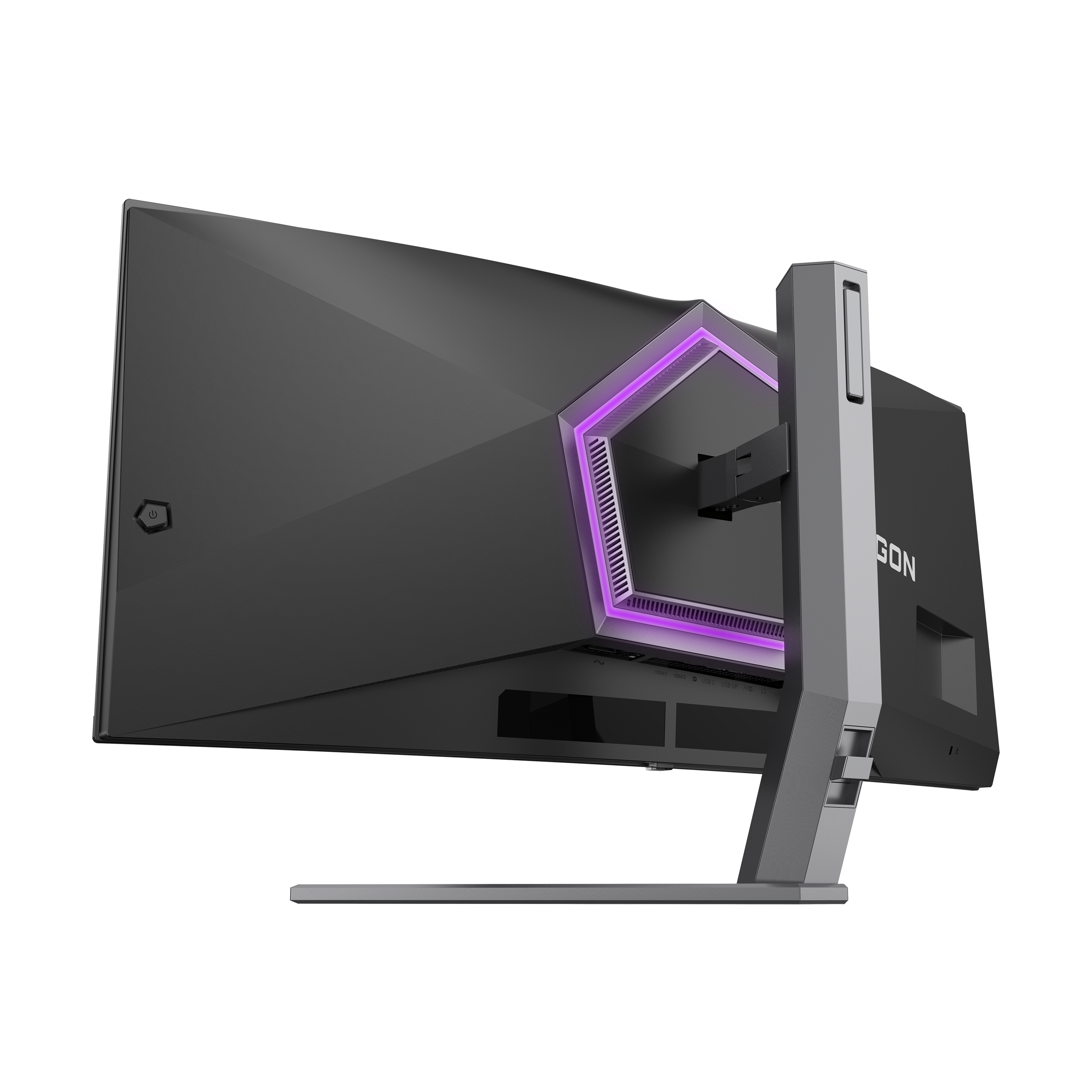Rückansicht eines schwarzen Monitors mit violettem LED-Licht und einem grauen Standfuß vor schwarzem Hintergrund.