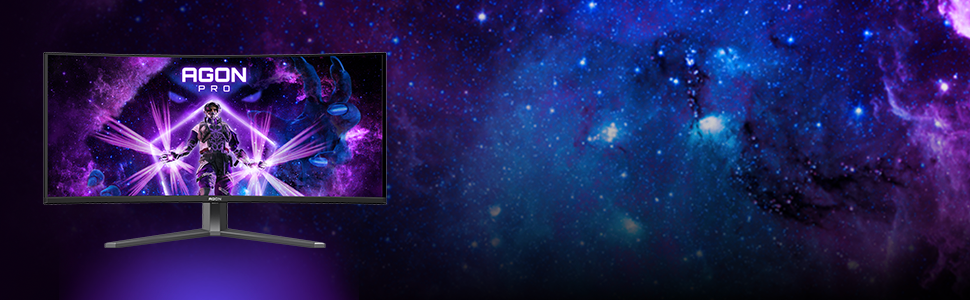 Ein Agon Pro Ultrawide-Monitor vor einem violetten und blauen Weltraumhintergrund.